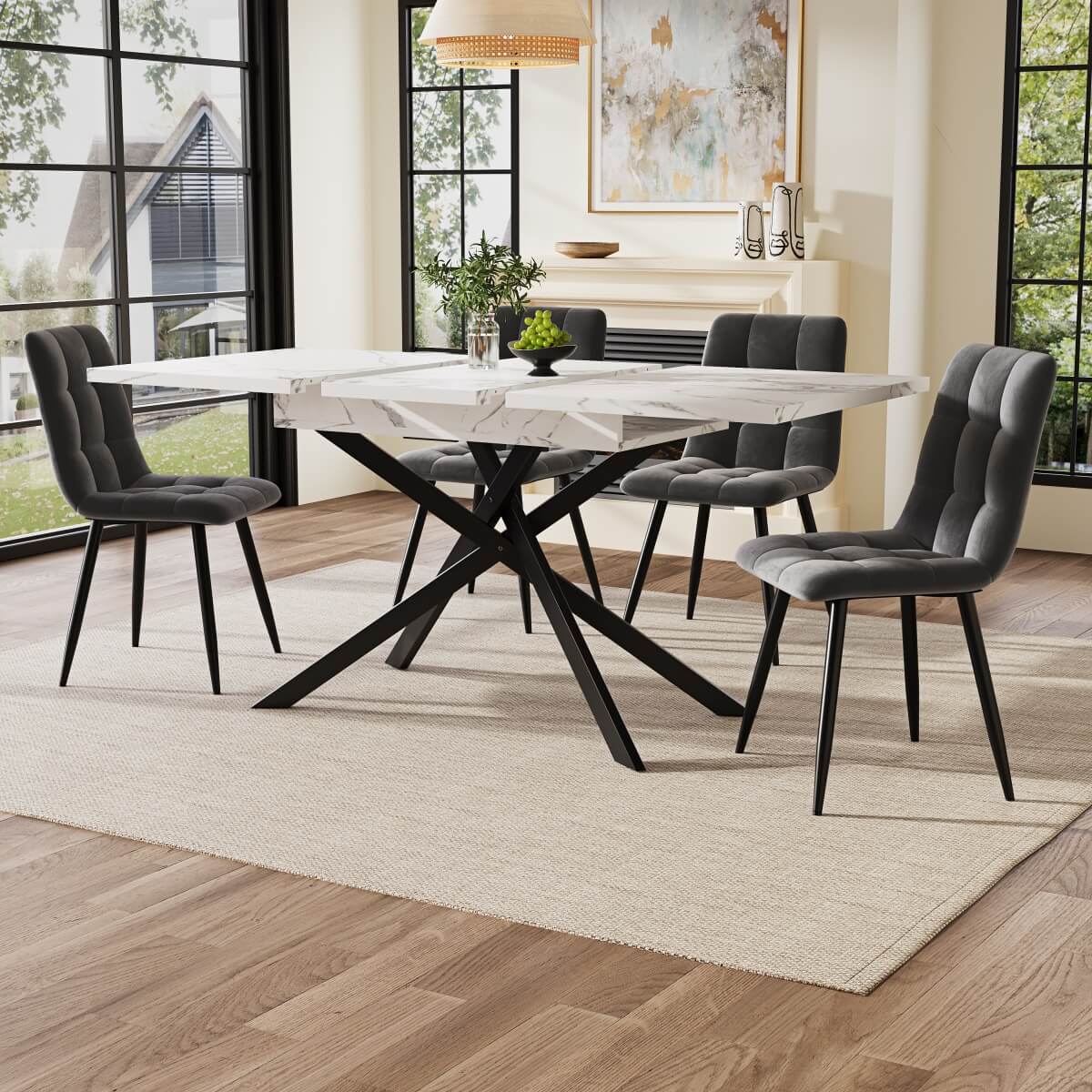 Extendable Dining Table 120–160cm – Space-Saving Telescopic Table with Crossed Metal Legs, Marble Effect Top