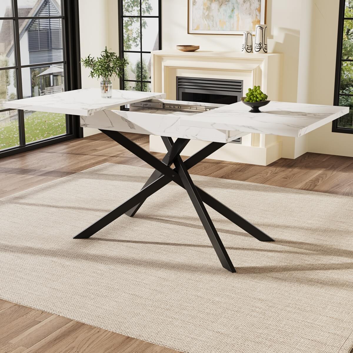 Extendable Dining Table 120–160cm – Space-Saving Telescopic Table with Crossed Metal Legs, Marble Effect Top