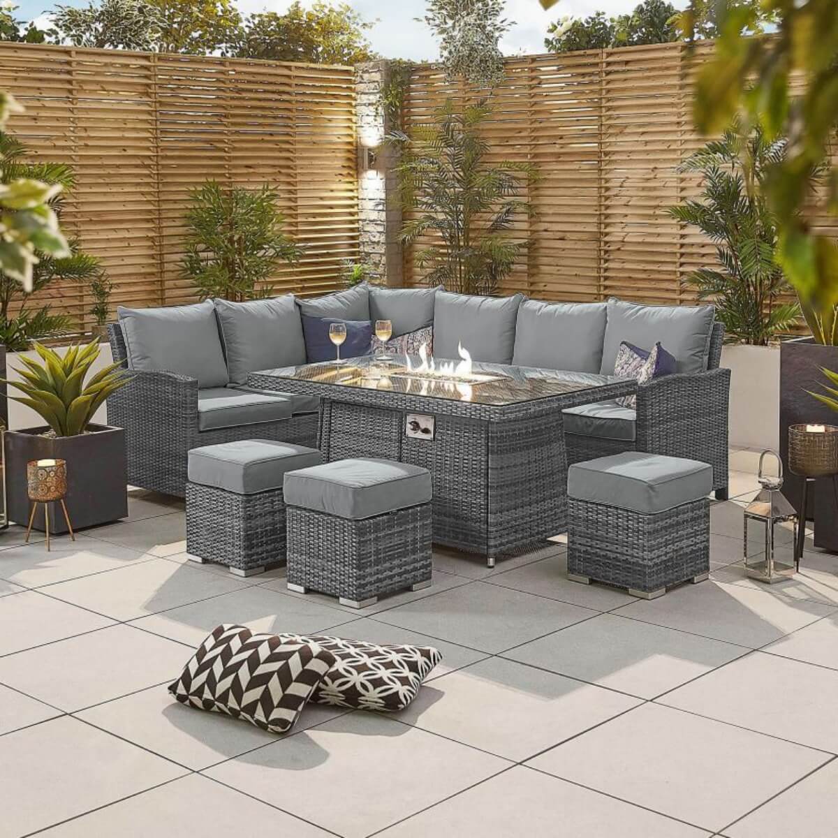 8-Seater Outdoor Corner Sofa Set with Rectangular Fire Pit Table and 3 Footstools – PAF-16591