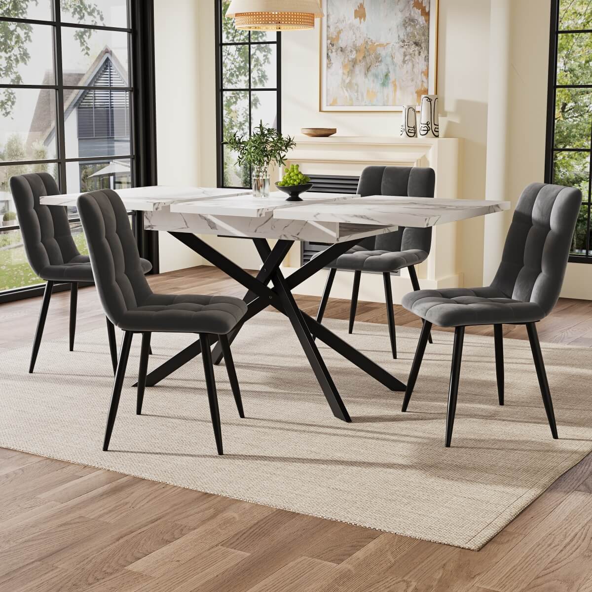 Extendable Dining Table 120–160cm – Space-Saving Telescopic Table with Crossed Metal Legs, Marble Effect Top
