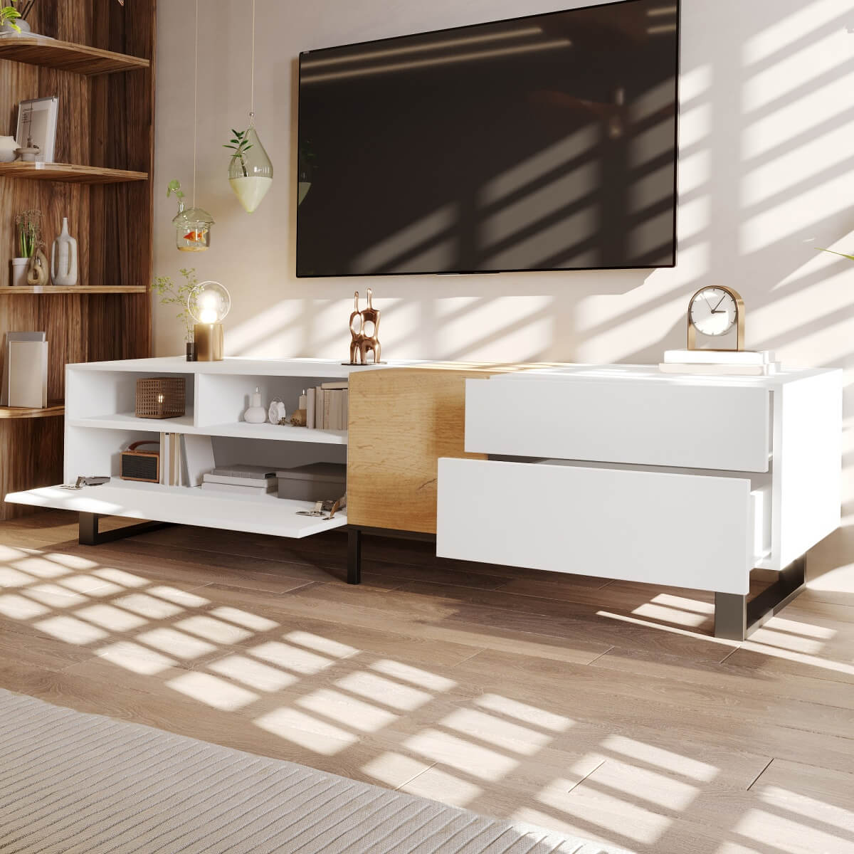180cm TV Unit with Storage - Modern White & Wood Effect Media Cabinet