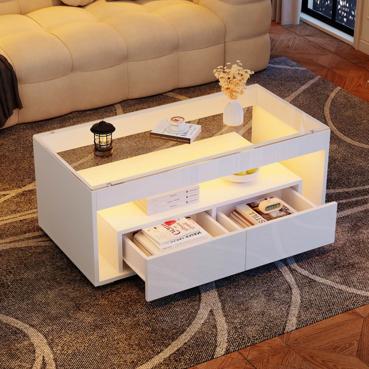 High Gloss LED Coffee Table – Centre Table with Open Storage & Drawers