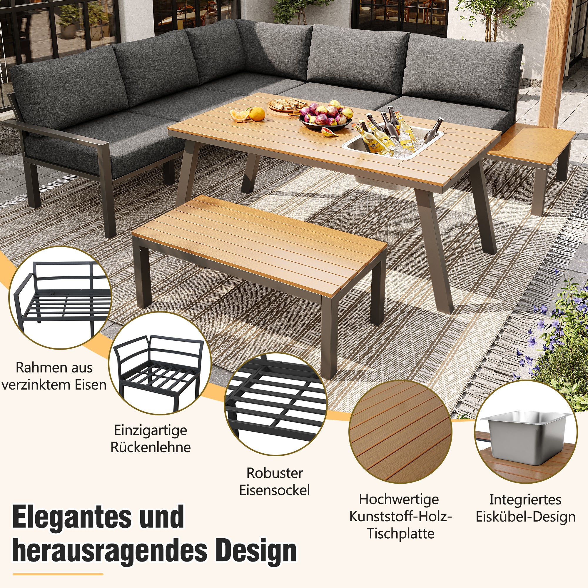 6 to 7 Seater Outdoor Garden Lounge Set – All Weather Modern Seating with Ice Bucket Table