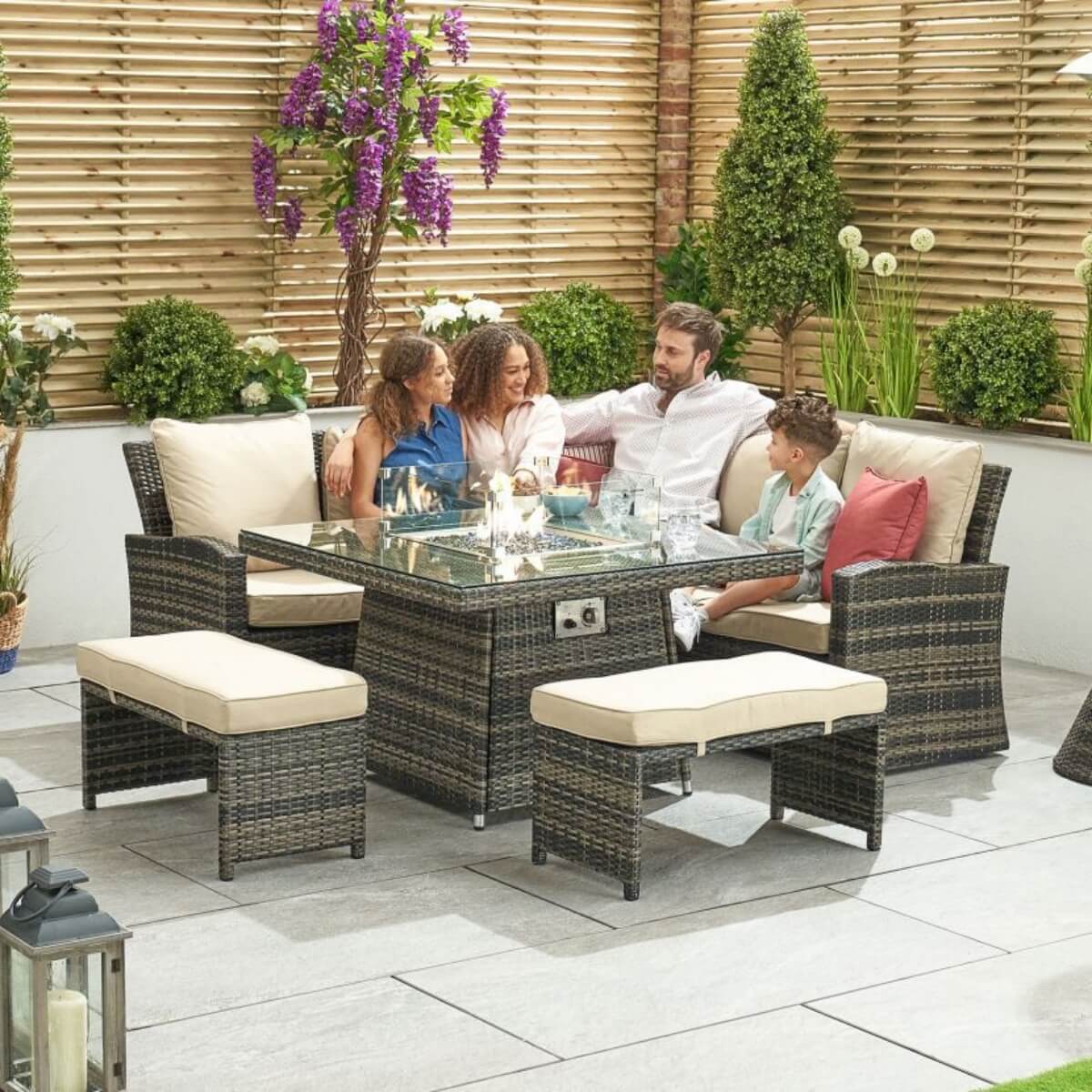 8-Seater Outdoor Corner Sofa Set with Square Fire Pit Table and 2 Benches - PAF-16700