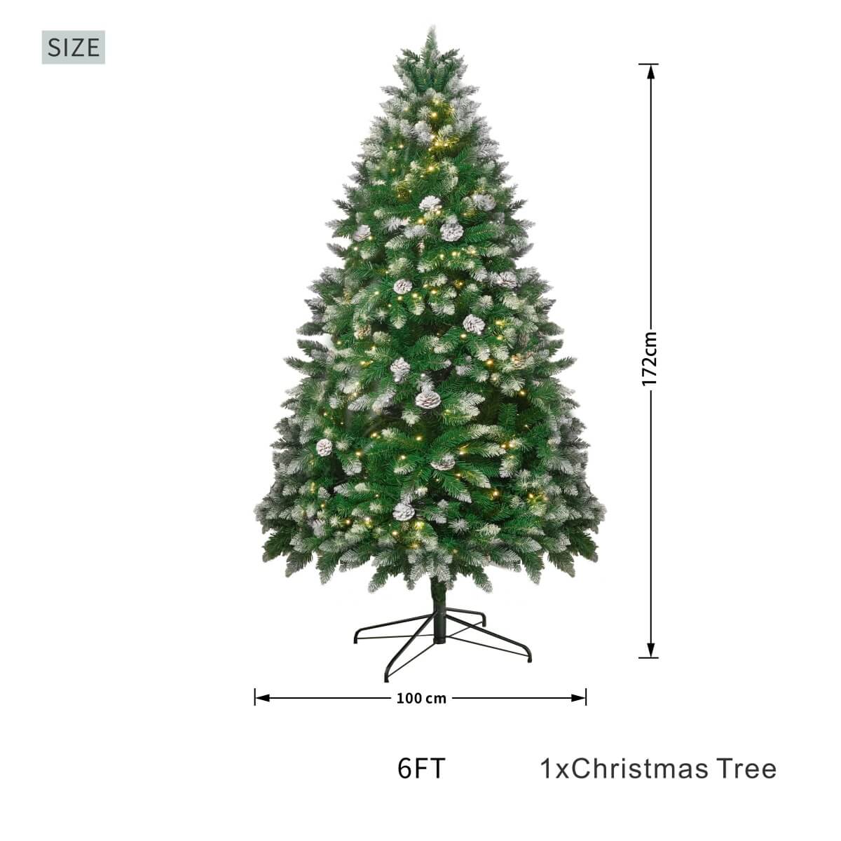 Snow Flocked Artificial Christmas Tree with Pine Cones – Pre-Lit or Unlit PVC Xmas Tree, Warm White LEDs, 5ft 6ft 7ft