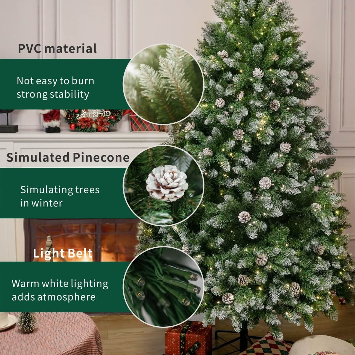 Snow Flocked Artificial Christmas Tree with Pine Cones – Pre-Lit or Unlit PVC Xmas Tree, Warm White LEDs, 5ft 6ft 7ft