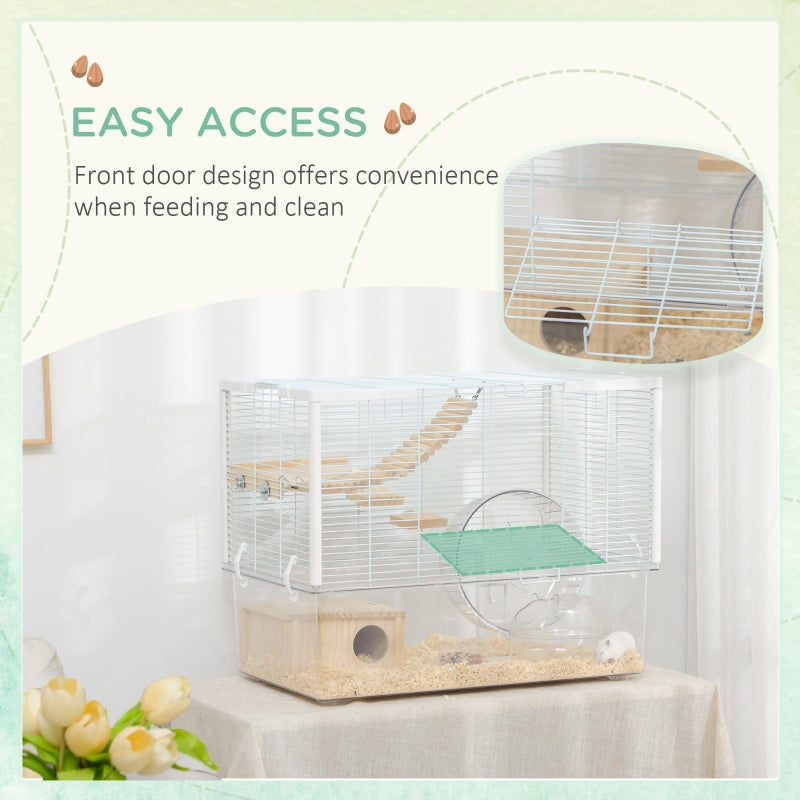 Hamster/Gerbil Cage with Wooden Ramp, Exercise Wheel, Food Bowl - White