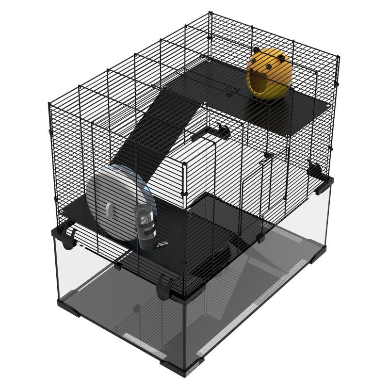 Hamster/Gerbil Cage with Deep Glass Bottom, Non-Slip Ramps, Platforms, Hut, Exercise Wheels, Water Bottle, Dish