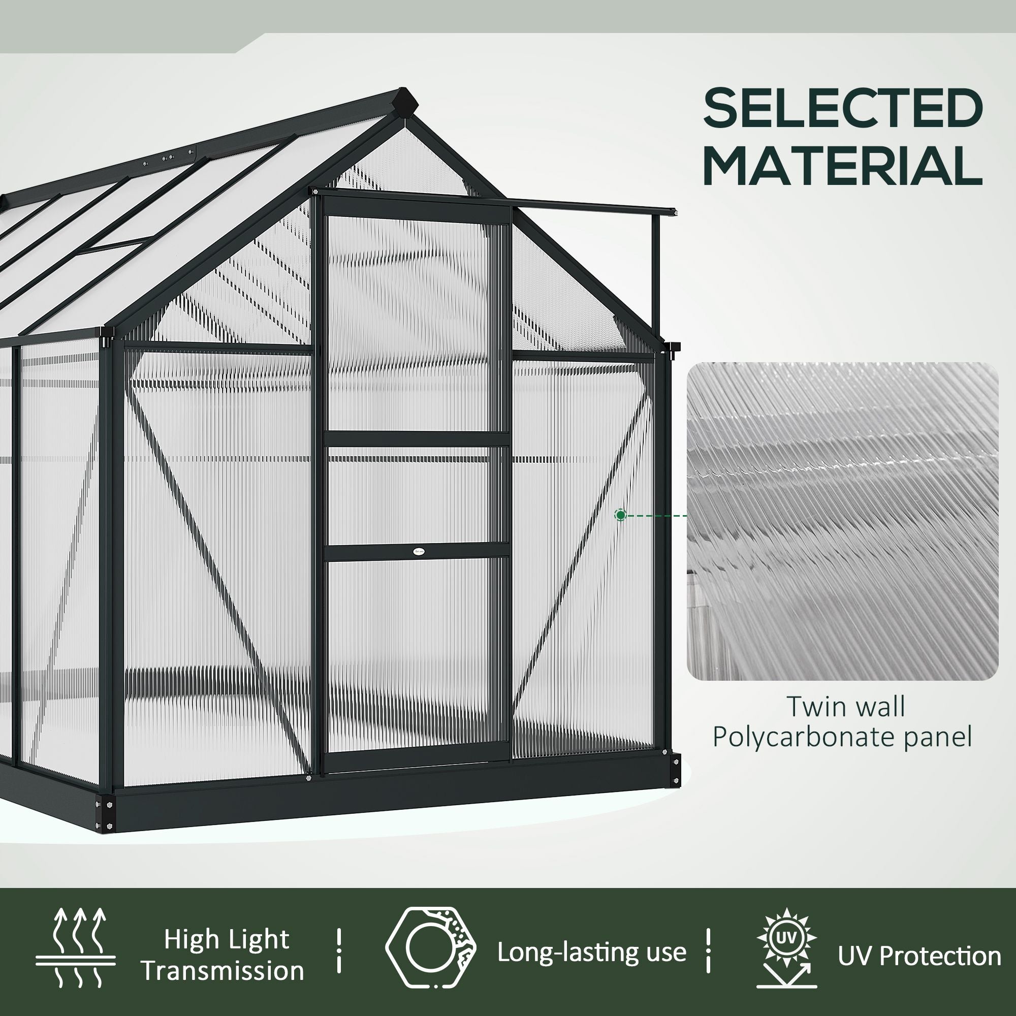 6 x 10ft Polycarbonate Greenhouse, Walk-In with Slide Door and Window, Aluminium Frame, Grey