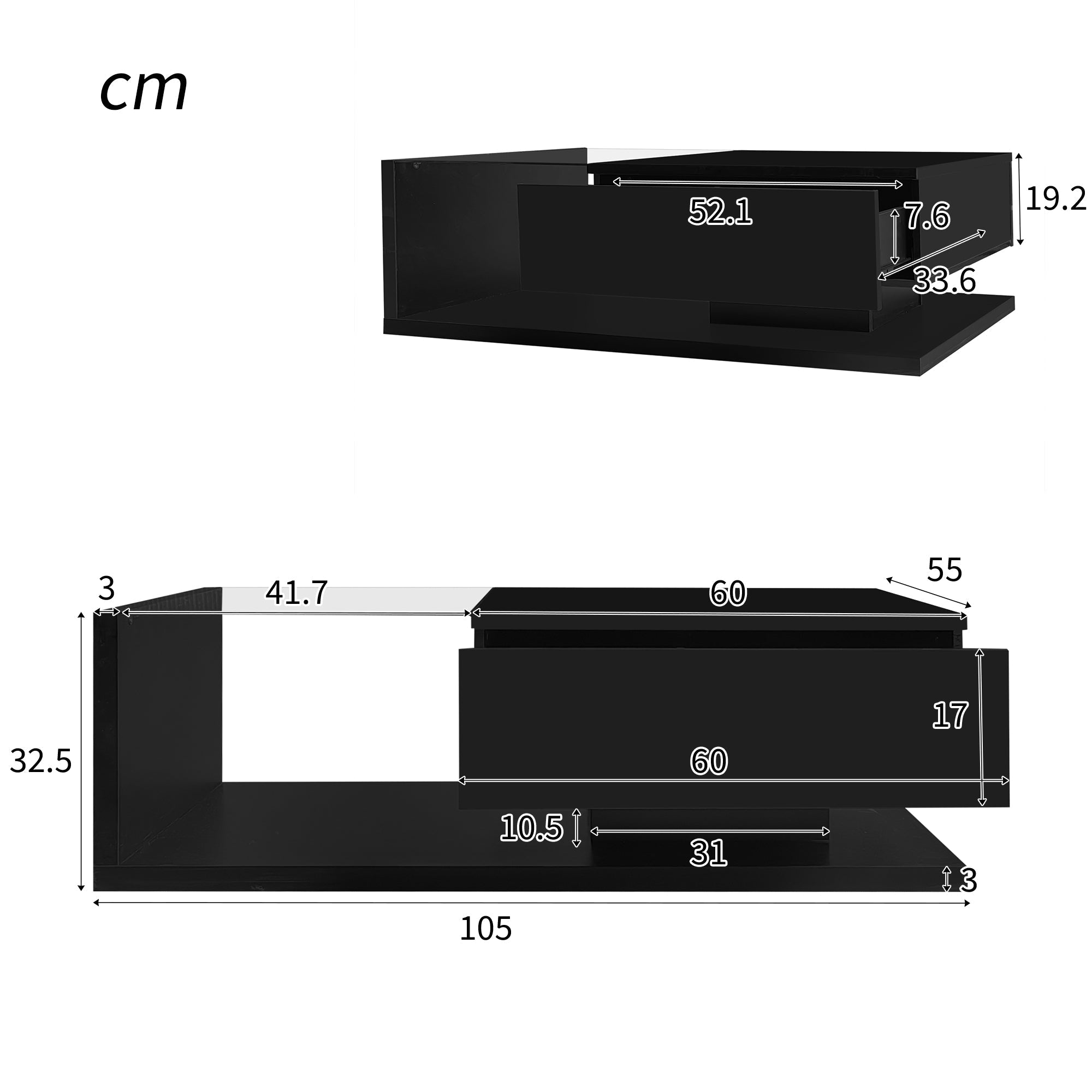 Coffee Table, High-Gloss Black with Push-Pull Storage