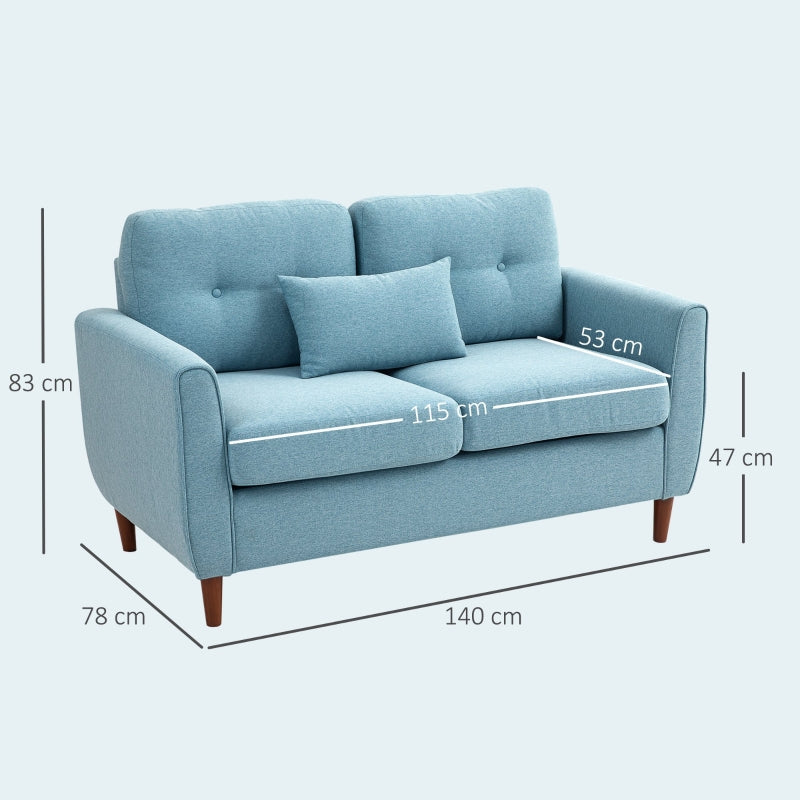 2 Seater Sofa - Spring Cushion, Wooden Legs, Tufted Couch, Light Blue Fabric