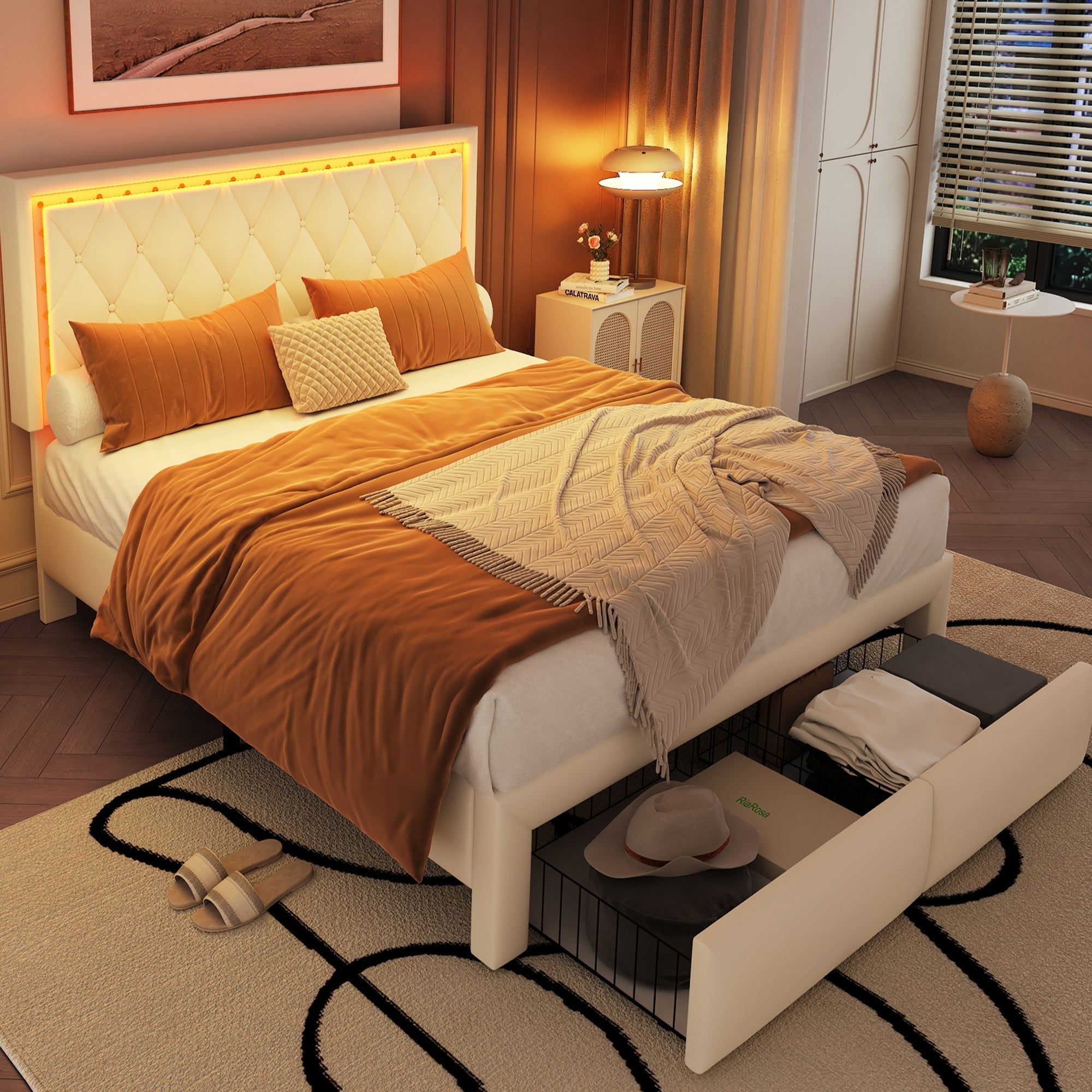 Upholstered Bed, 4ft6 Double 135x190cm, Comfortable Headboard, 2 Drawers, 16-Color LED-Light Strips, PU+Iron, Beige
