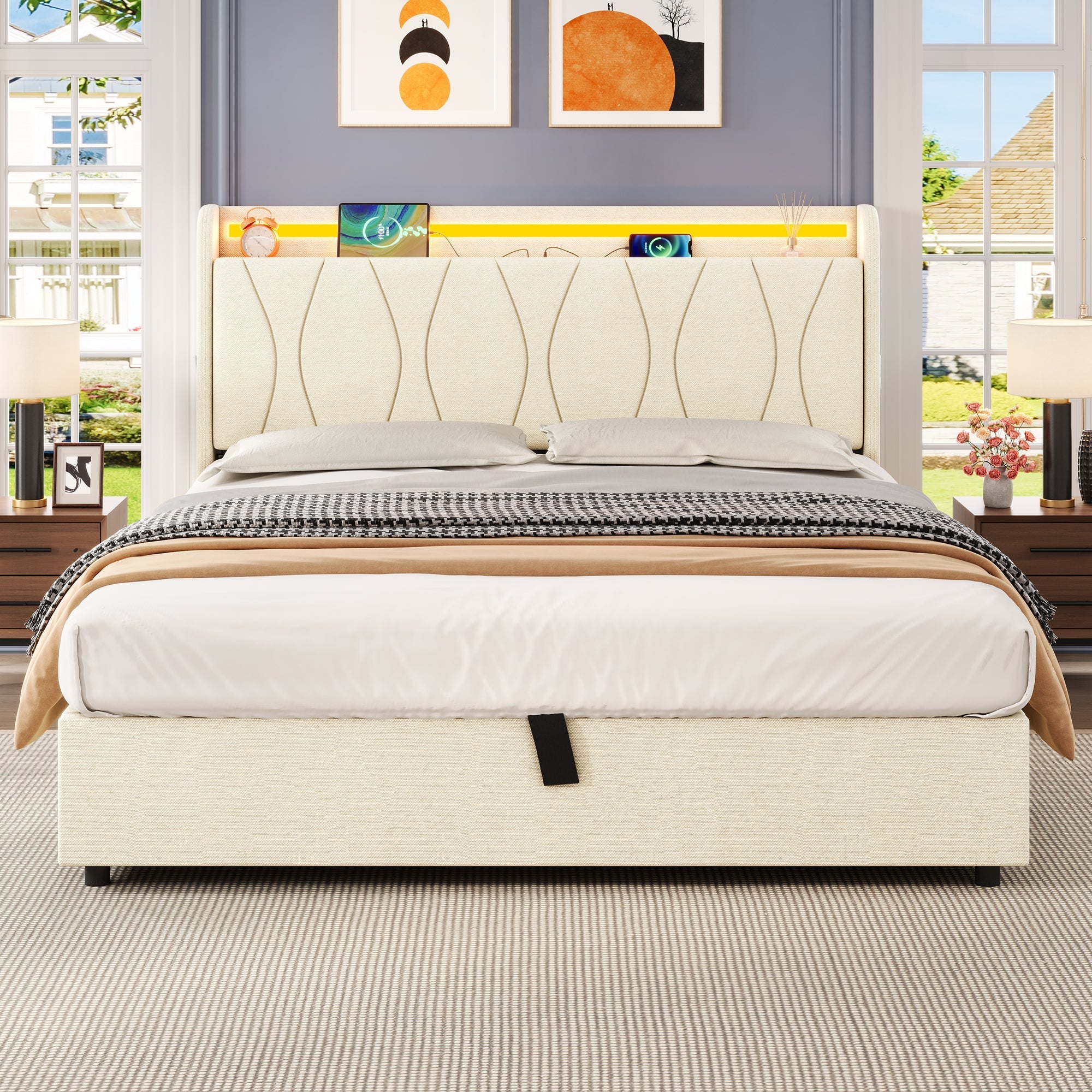 4ft6 Double Upholstered Bed Frame with Hydraulic Storage, LED Headboard, Charging Station, Concealed Storage, Linen Beige