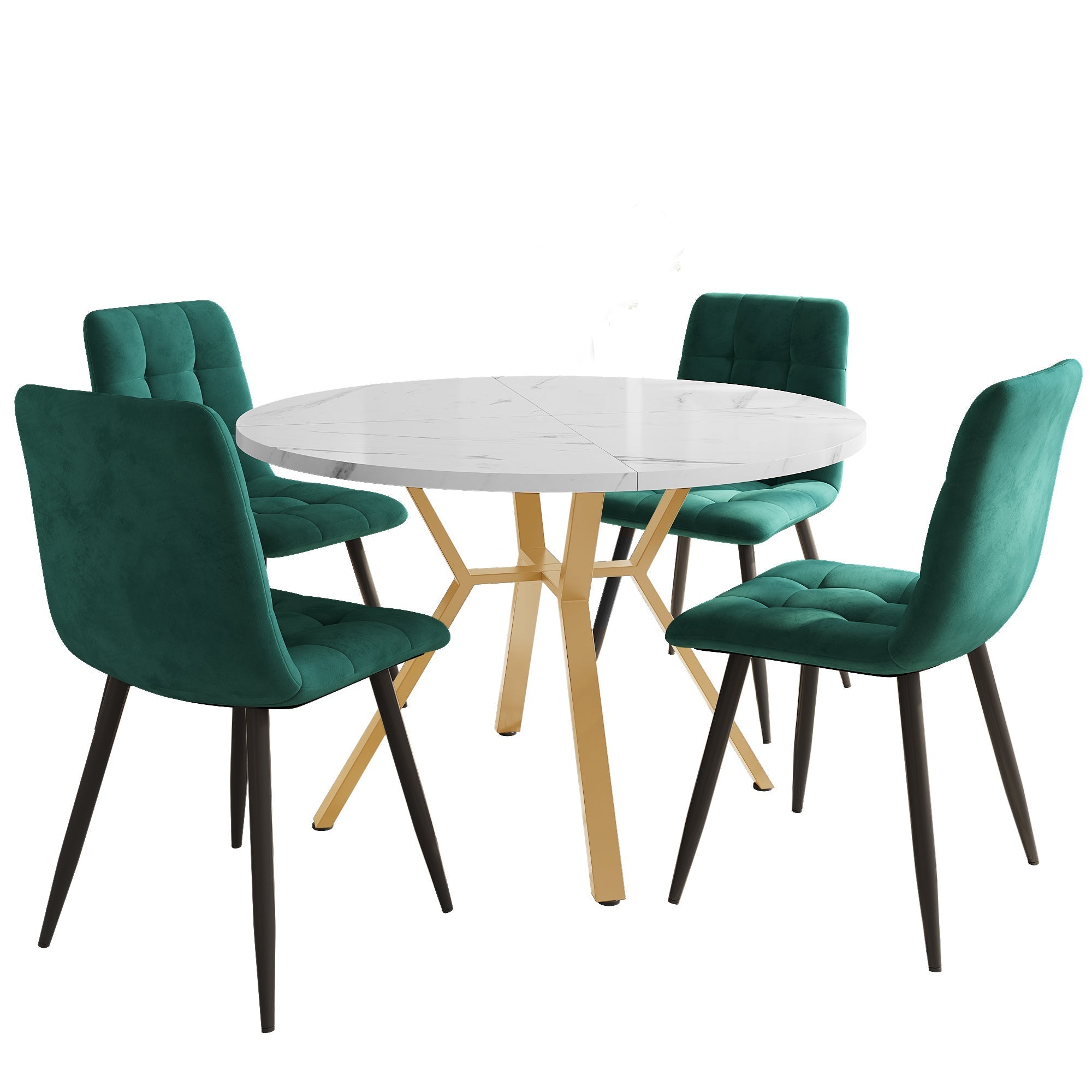 Dining table set (5-piece), modern simple round marble with gold-coloured metal table legs & 4 ergonomic velvet chairs, green