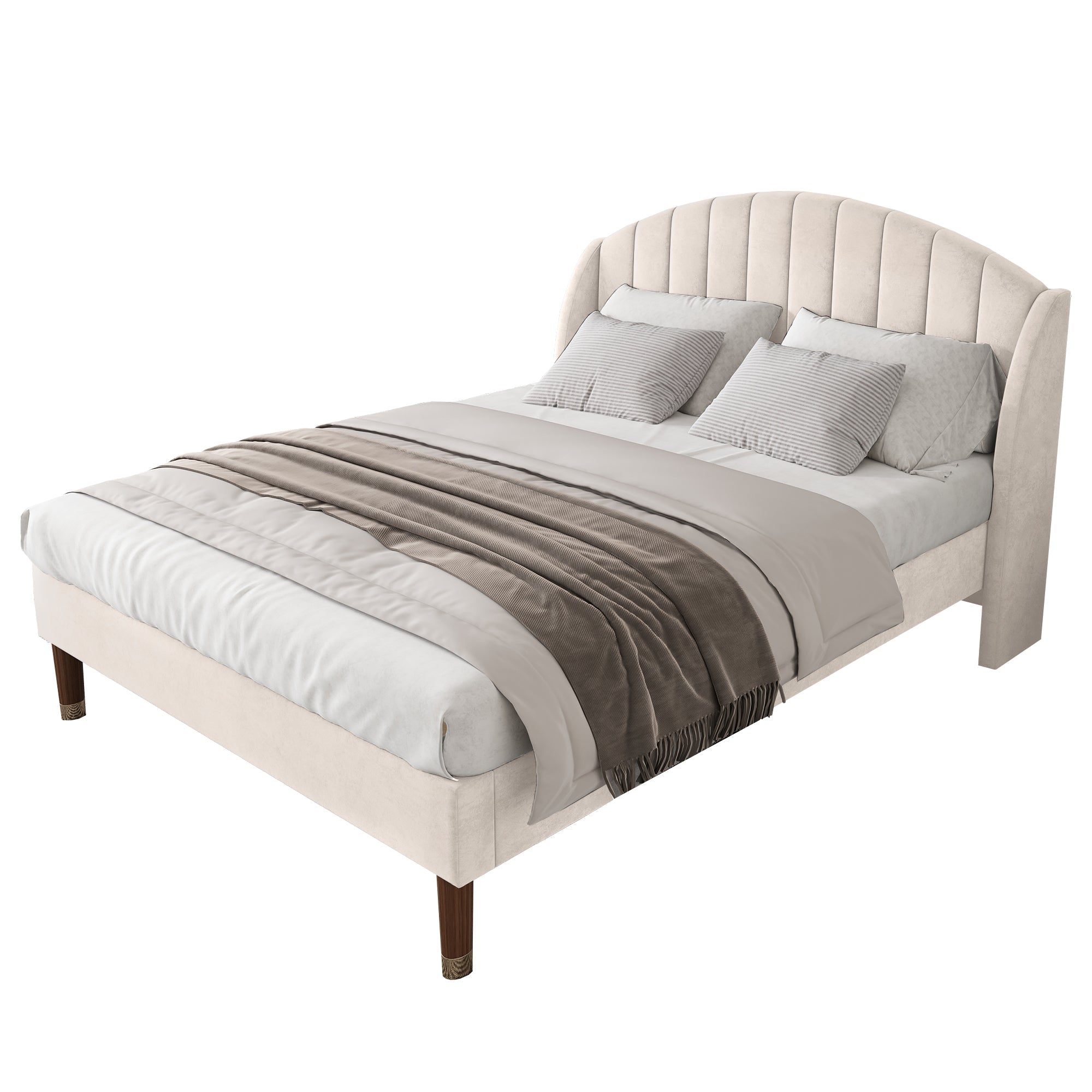 Upholstered bed, Single Bed - 3ft (90*190cm) with Slatted Frame and Headboard, Beige Velvet