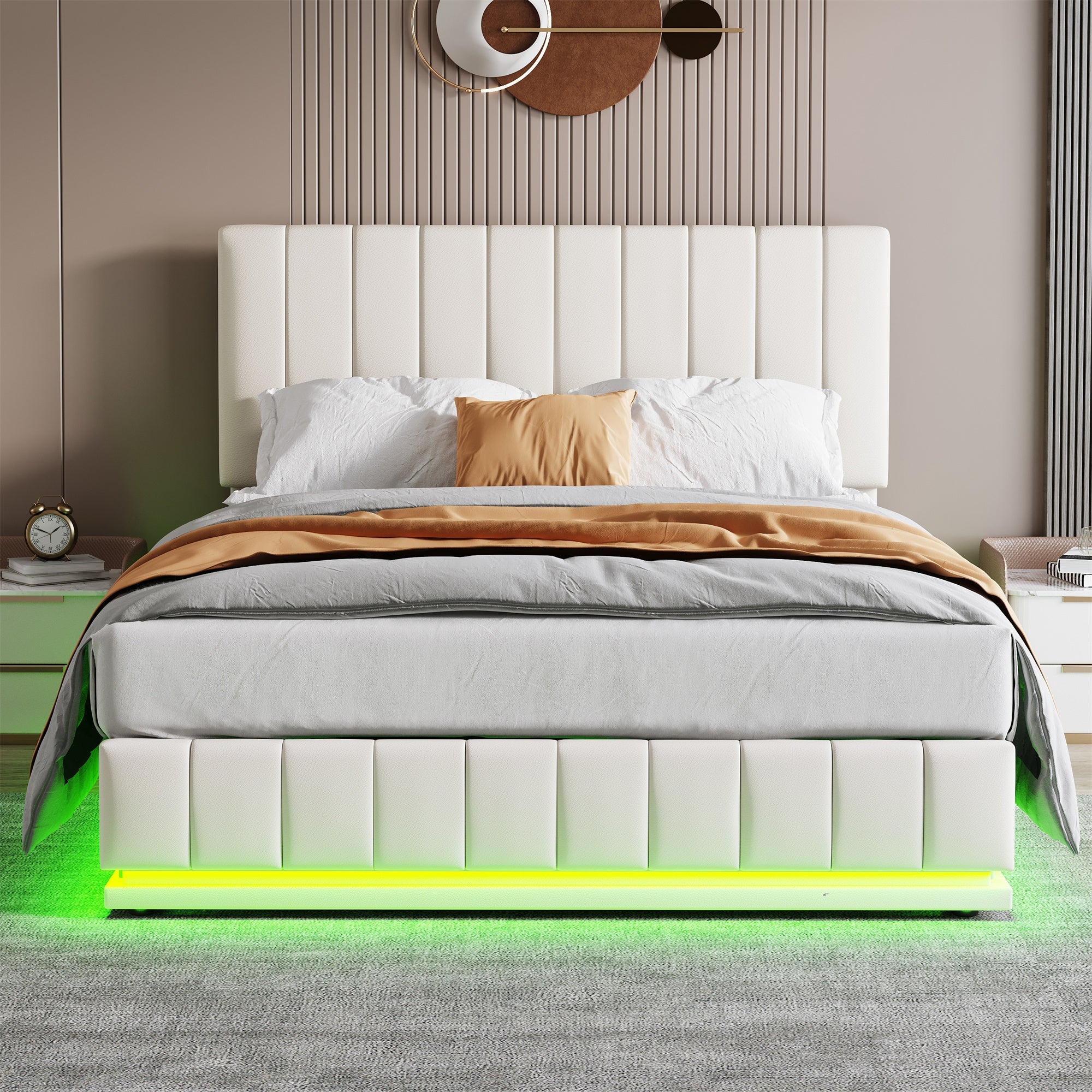 Ottoman King Bed with LED, Hydraulic Storage, PU Leather Cream White