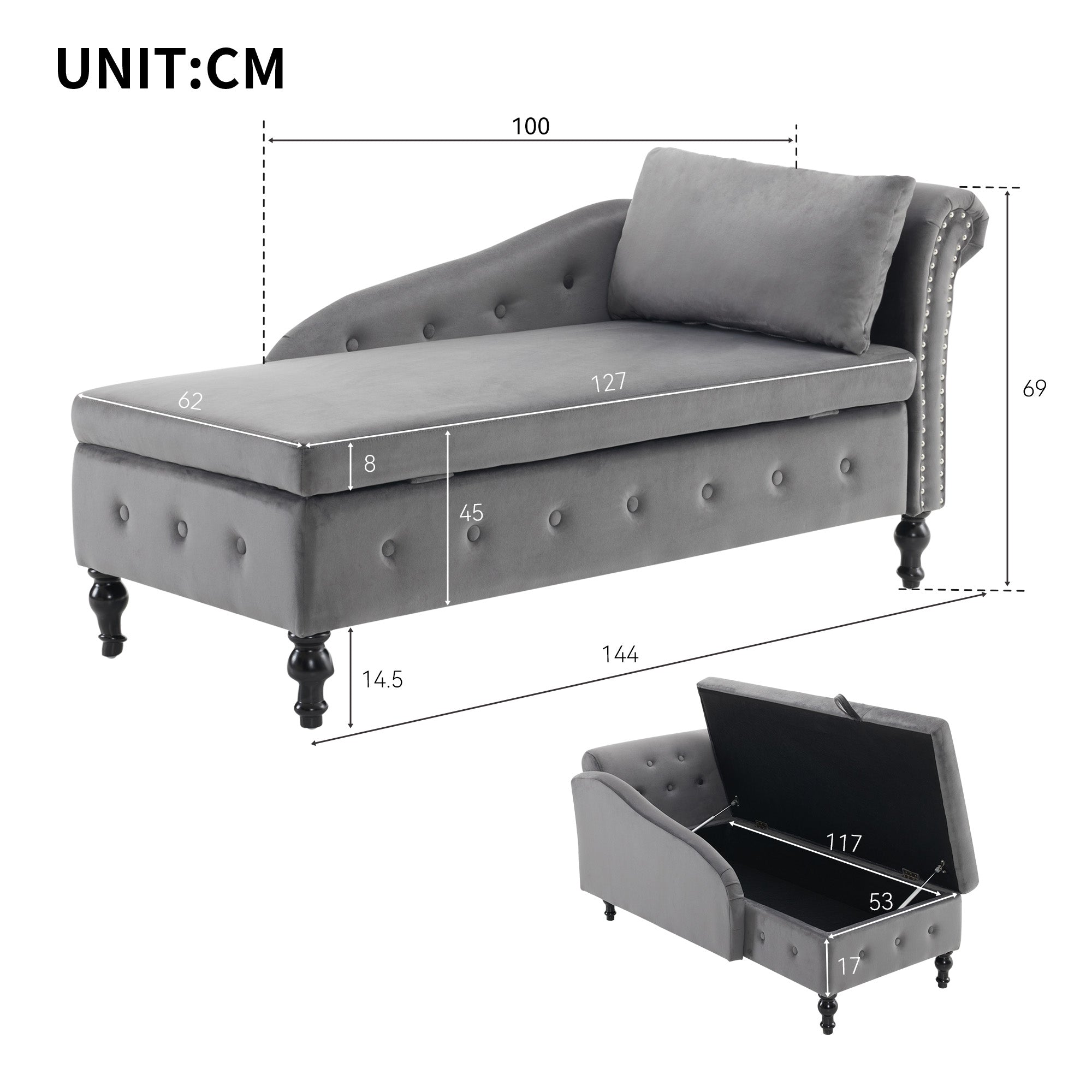 Velvet Chaise Lounge Sofa with Storage, Right Armrest