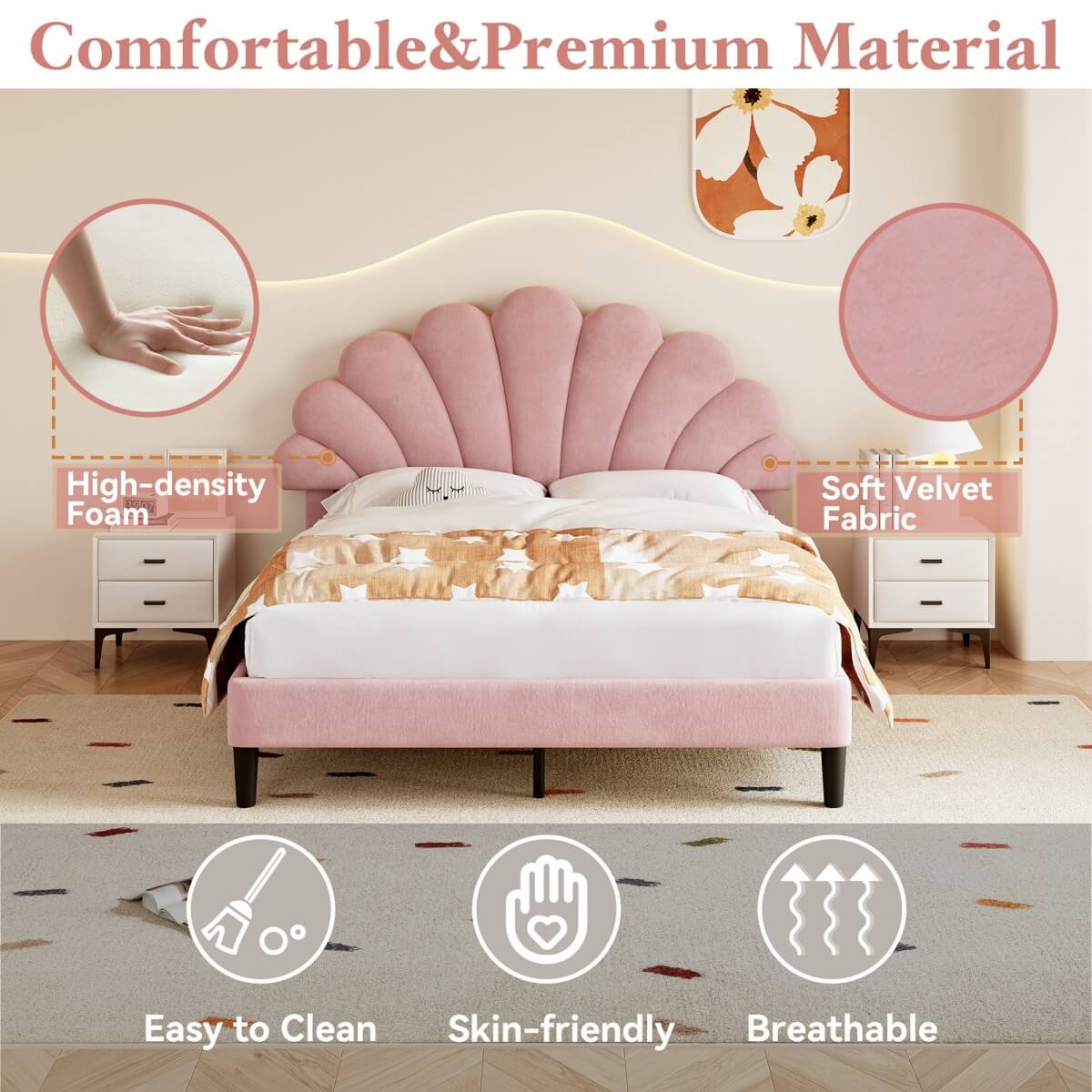 4FT6 Double Upholstered Velvet Bed Frame – Adjustable Petal Headboard, Slatted Base