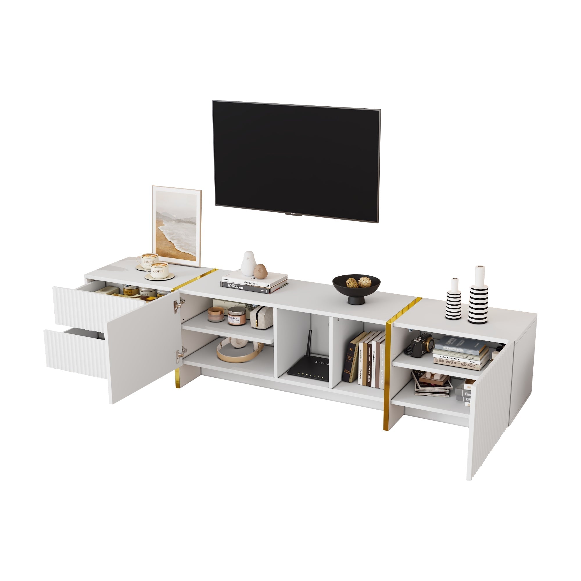 TV Stand for 85inch TV, Entertainment Center with Storage & Open Shelves, Embossed Pattern, White
