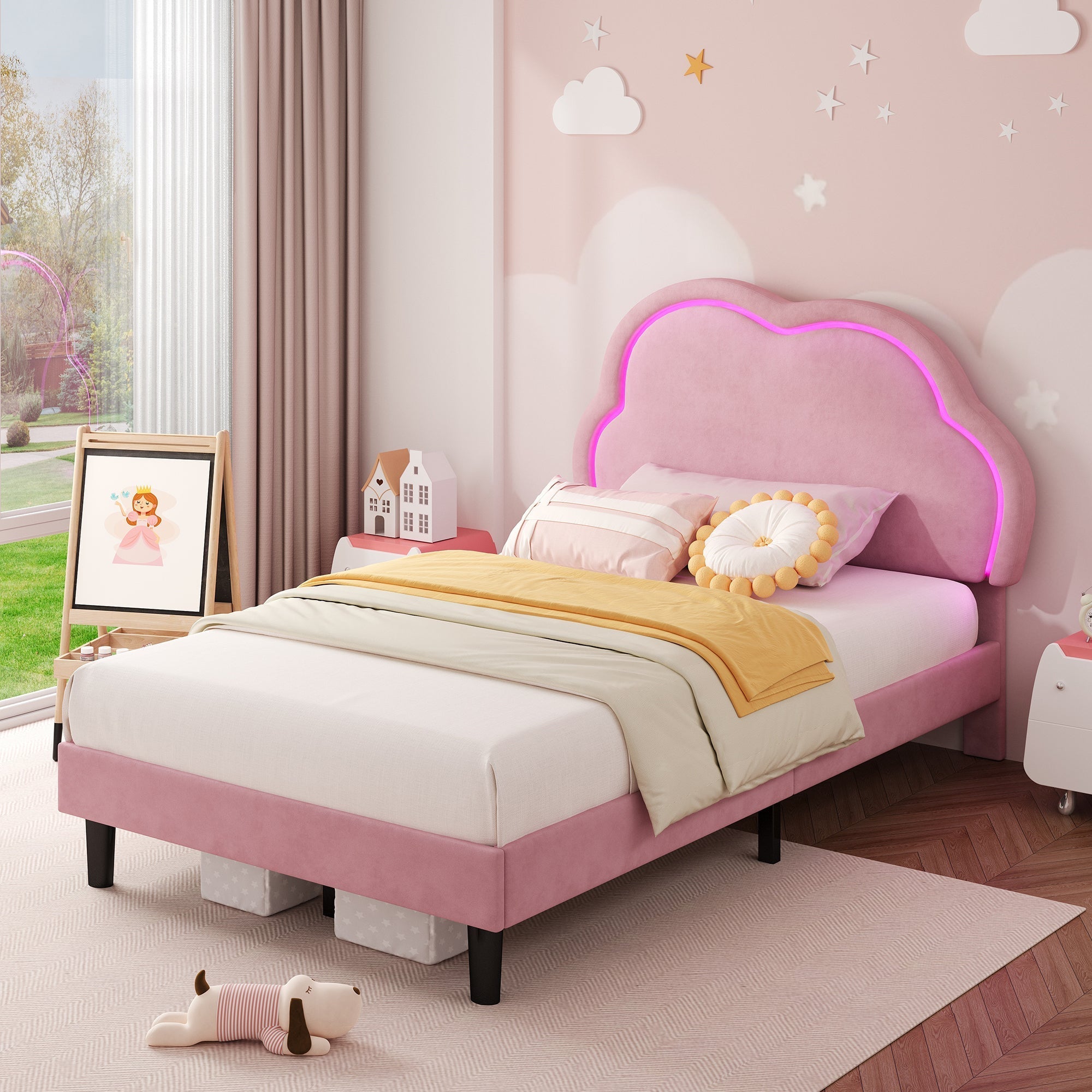 3ft Single Upholstered Bed with LED Adjustable Cute Cloud Headboard, Pink Soft Velvet
