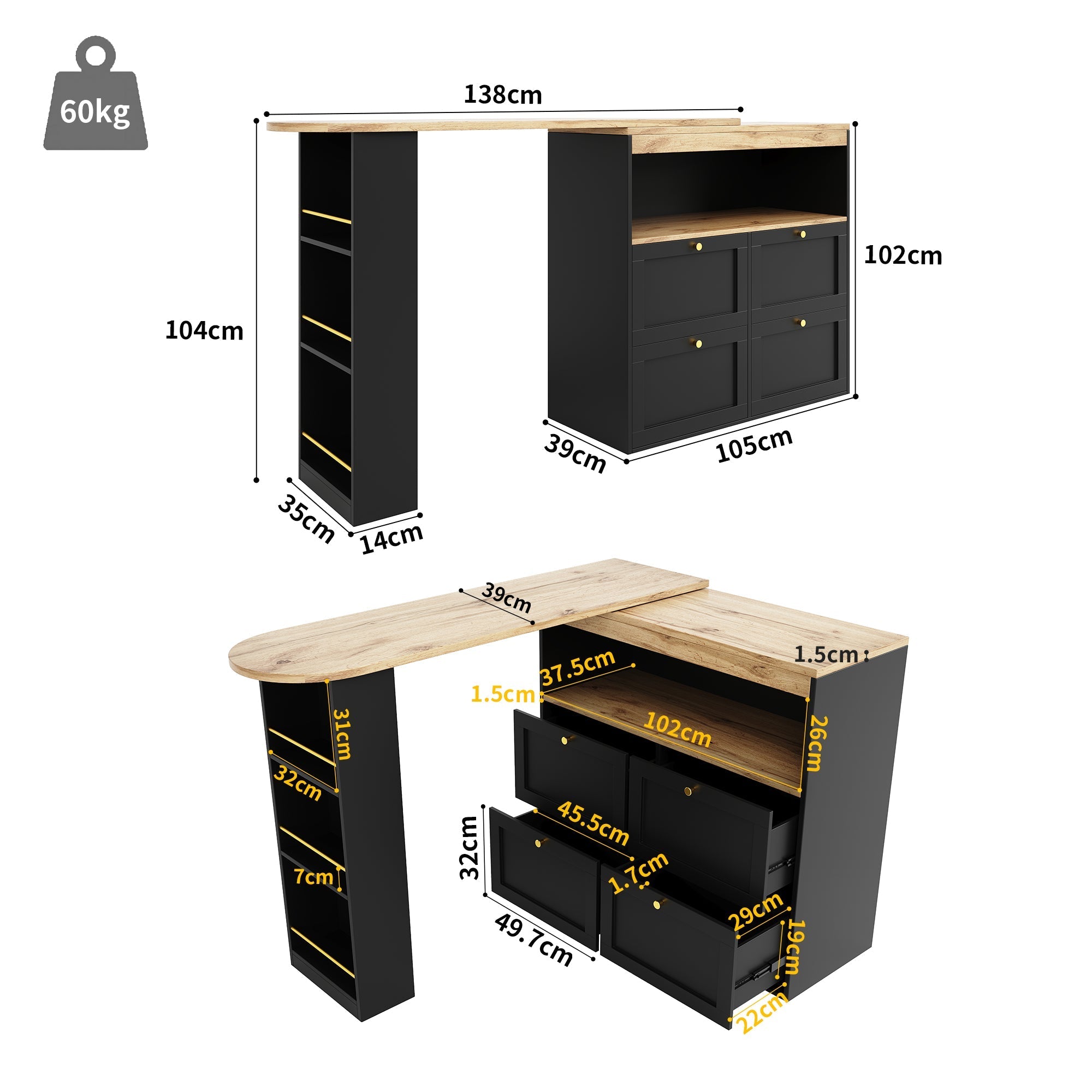 360° Swivelling Bar Table (Main Body 105 x 39 x 102 cm), with 4 Drawers and Open Shelves, Suitable for Dining Room/Study/Living room etc.