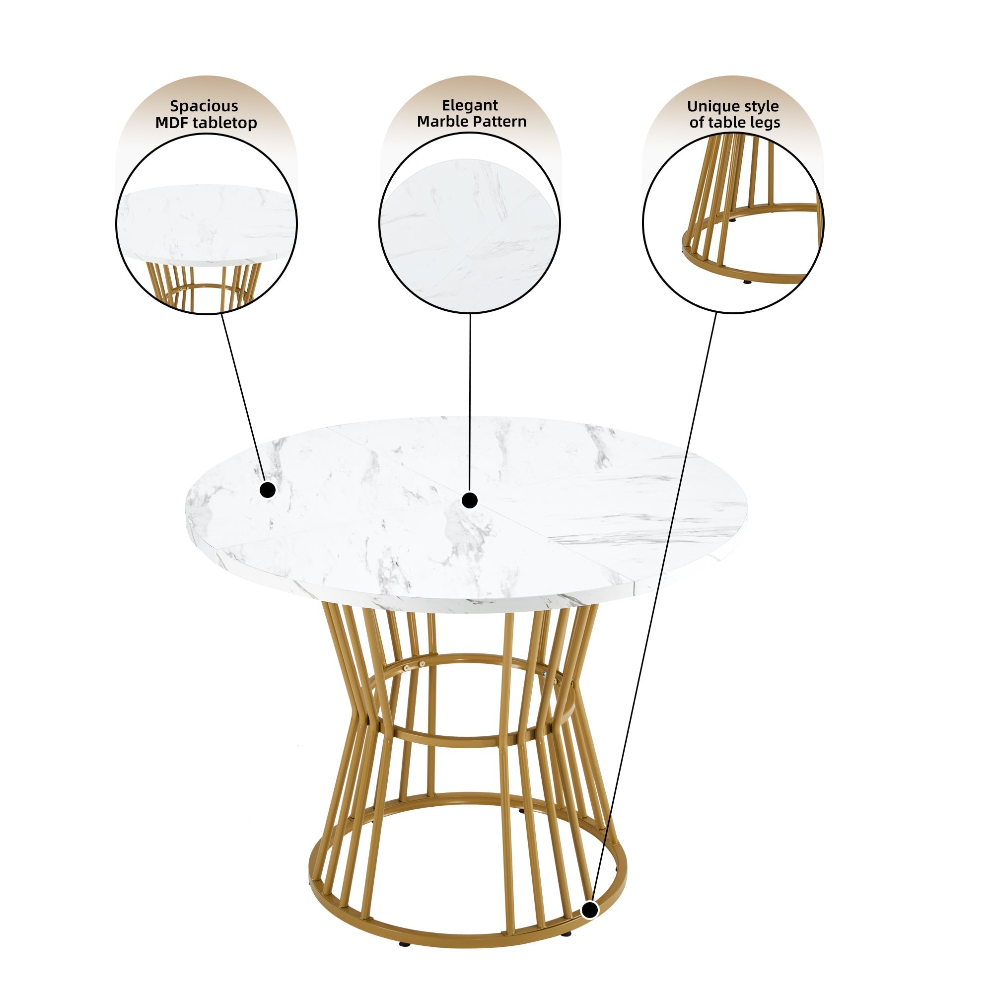 Dining Table Set, 5-Piece Round with Golden Metal Legs, White MDF Top & Gray Velvet Chairs