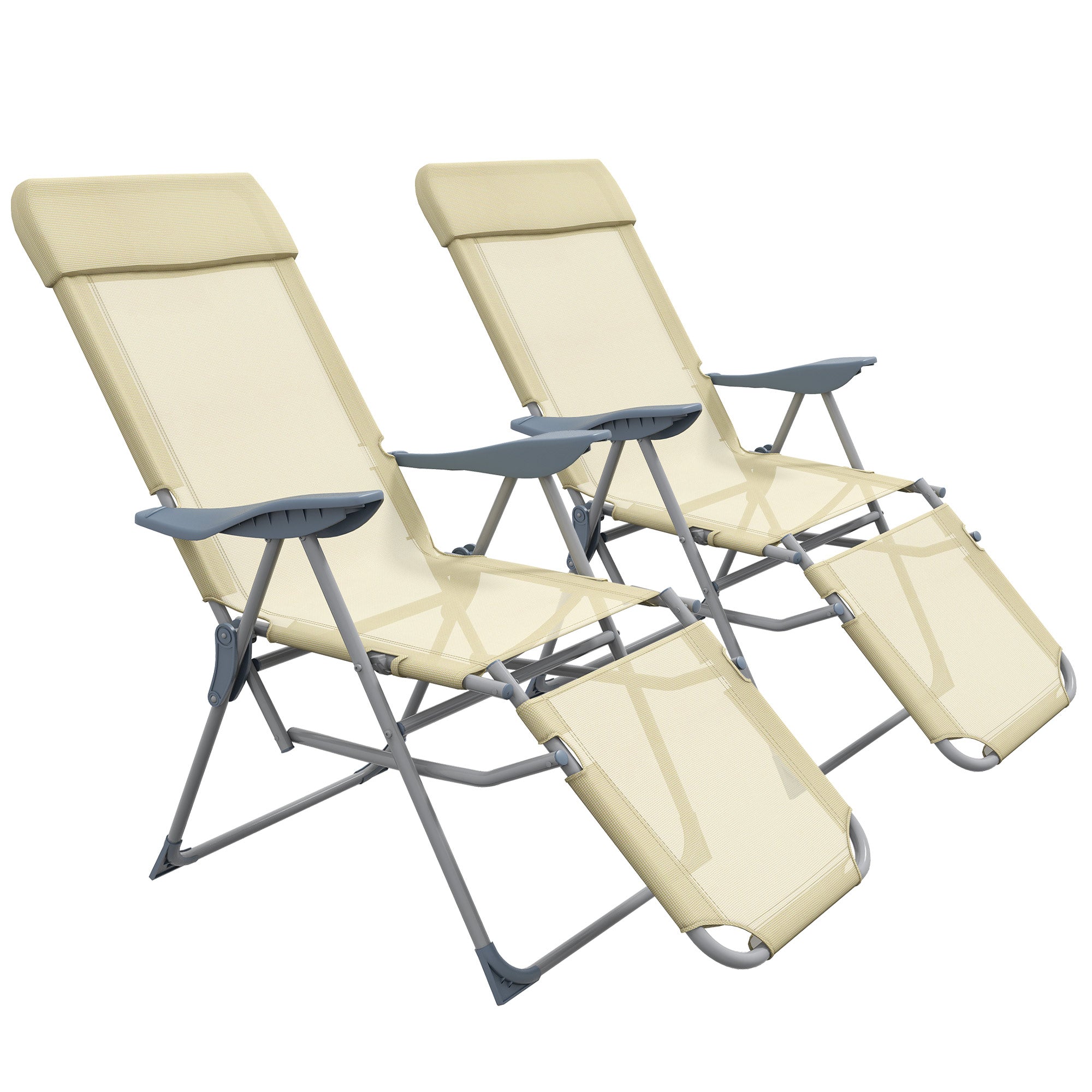 Sun Loungers, Set of Two, Five-Position Adjustable Backs - Beige