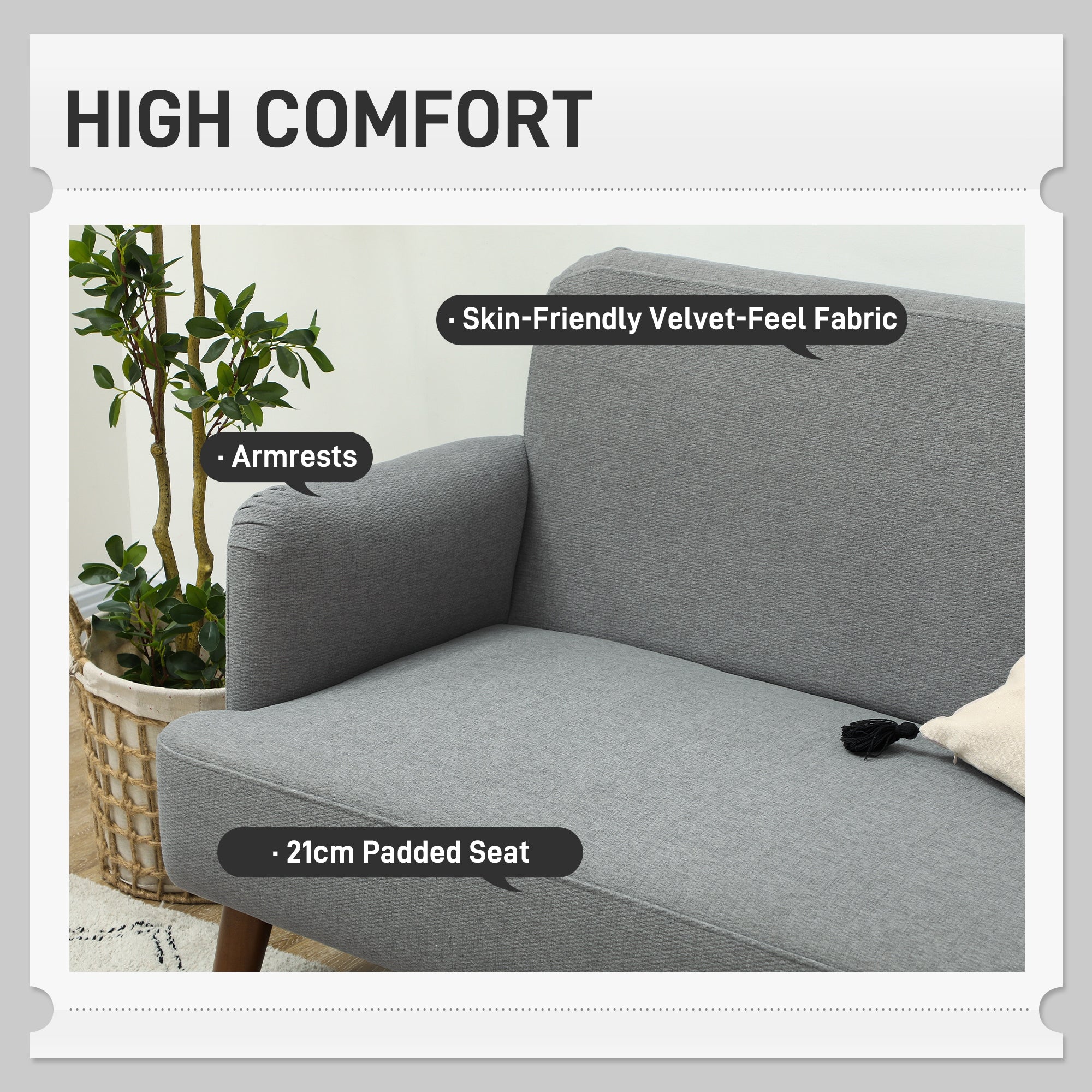 Velvet Feel Fabric 2 Seater Sofa with 21cm Thick Padding and Wood Legs, Grey