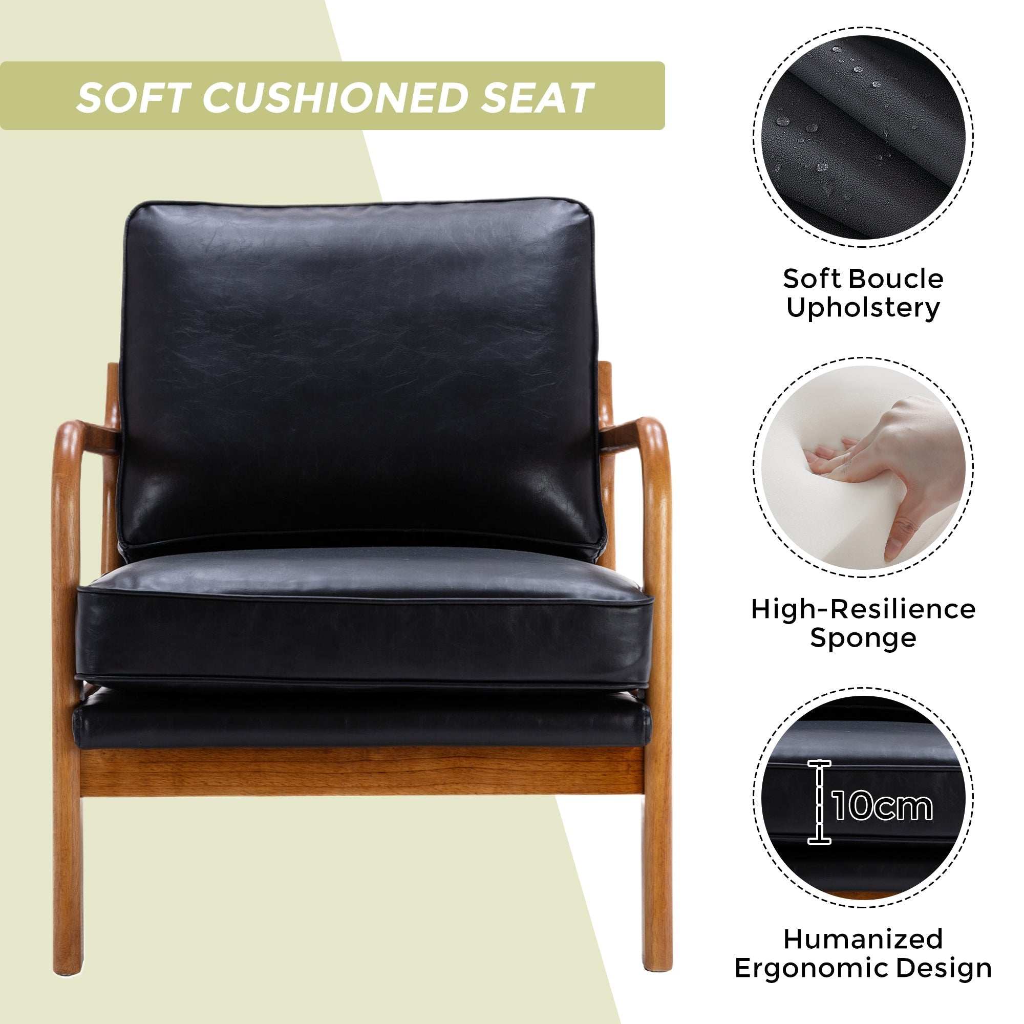 GOMYWAY Accent Chair Mid-Century Modern Armchair with Solid Wood Frame, Black