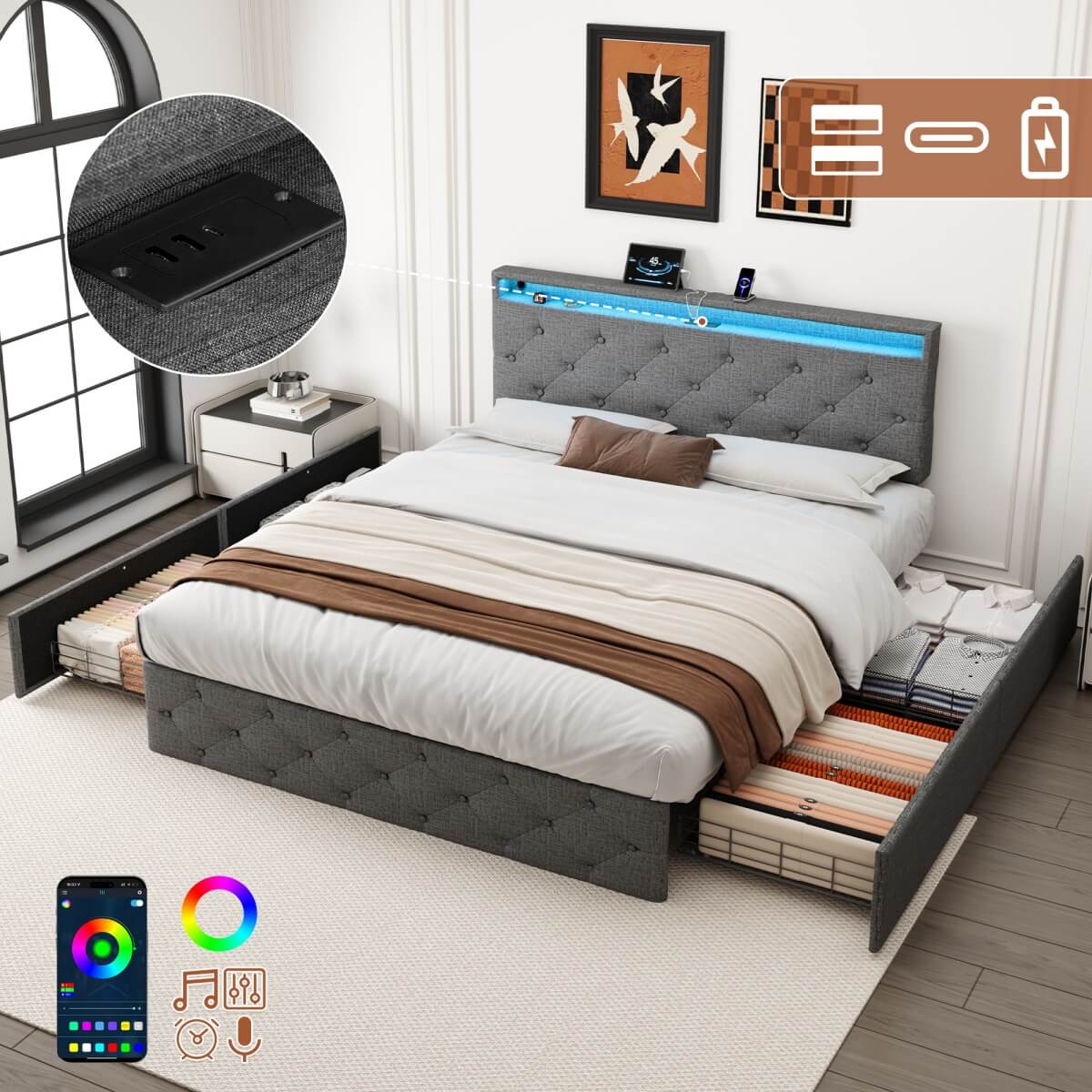 4ft6 Double Upholstered Storage Bed - LED Drawers with USB & Type-C Charging, Adjustable Tufted Headboard