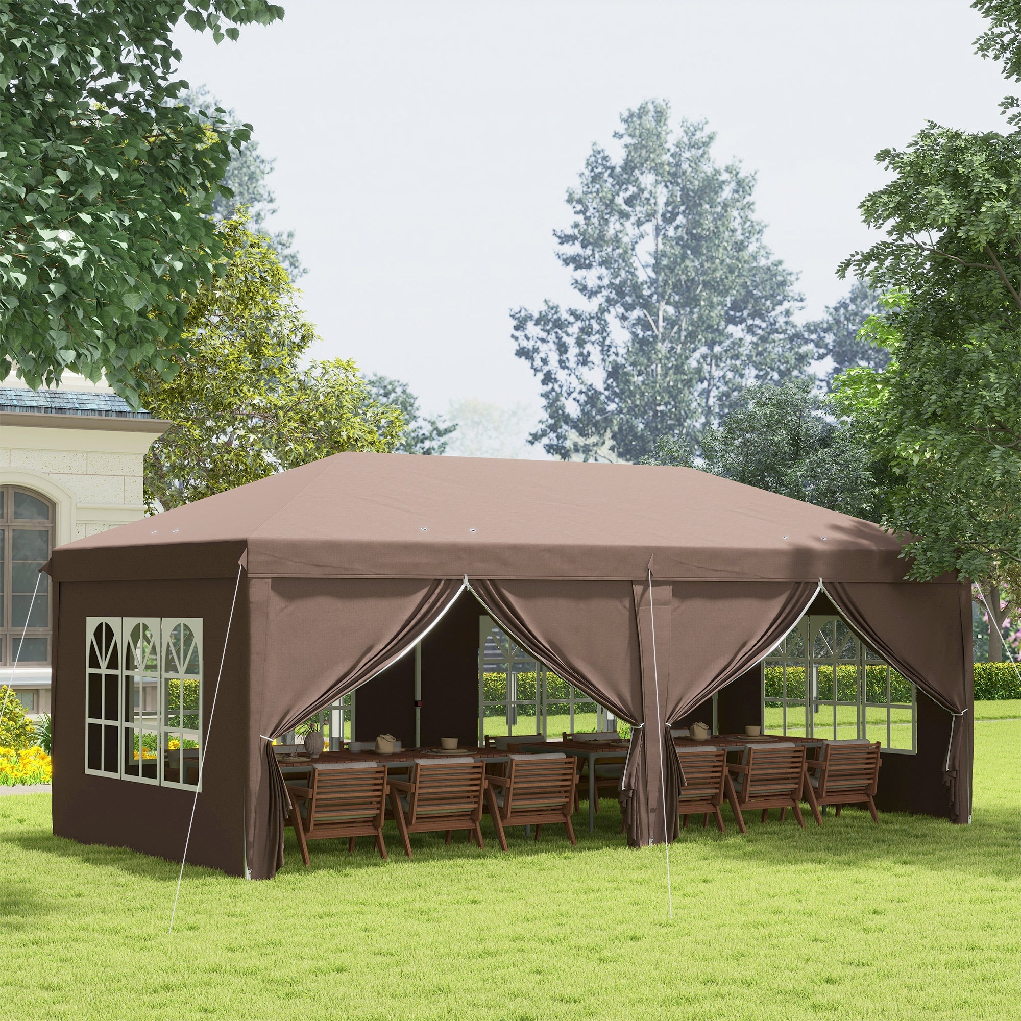 Pop Up Gazebo, 3x6m with Sides and Windows, Brown
