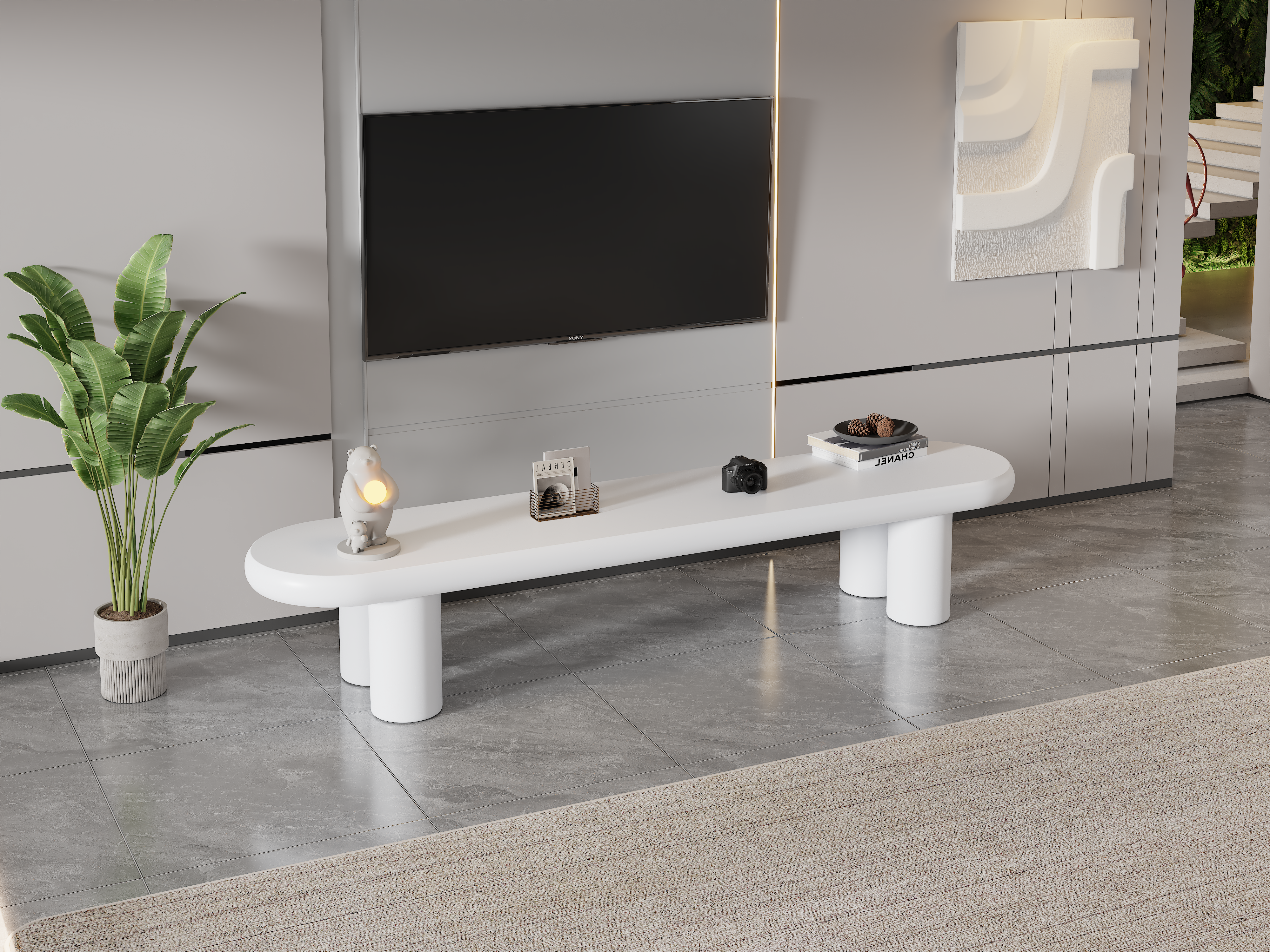 TV Stand Cabinet, White Painted, for TVs up to 70 inch, Wooden Entertainment Center