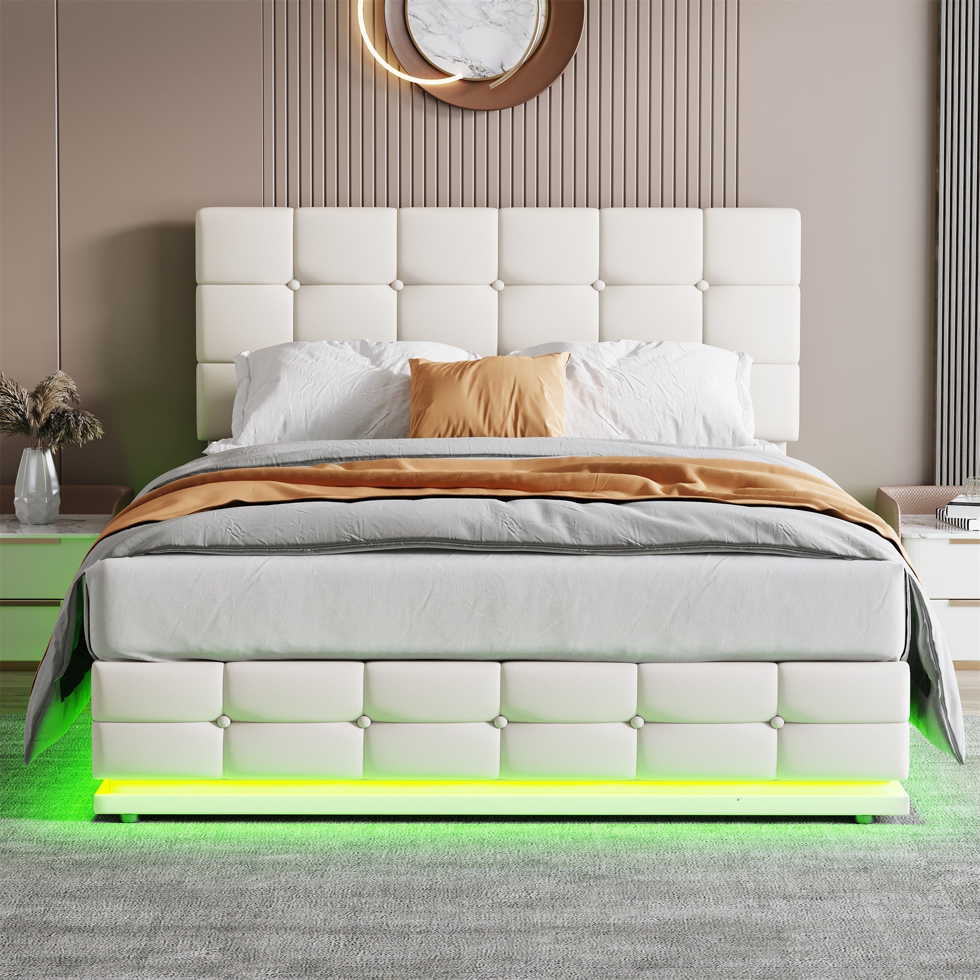 Ottoman Double Bed with LED Lighting, Hydraulic Storage, Adjustable Button Tufted Headboard, Cream White PU Leather (No Mattress)