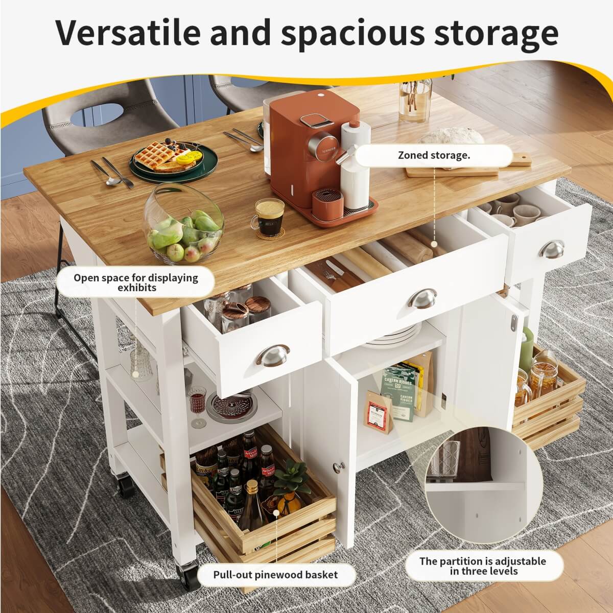 Kitchen Island Trolley on Wheels — Storage Cabinet with 3 Drawers, Adjustable Shelf & Spice Rack