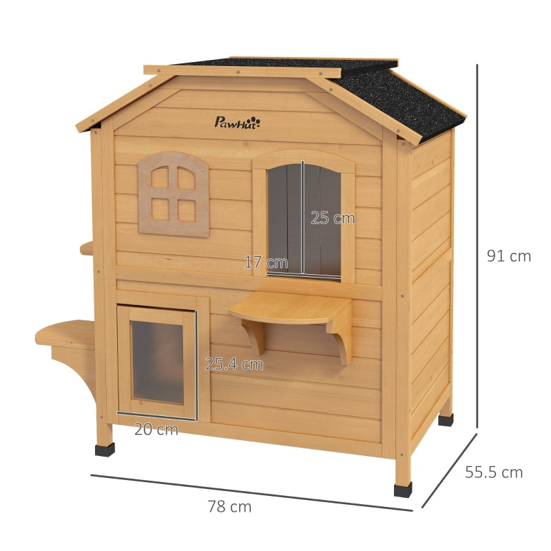 2-story Cat House Outdoor, Weatherproof Cat Enclosure with Escape Door, Openable Roof, Jumping Platforms, Natural Wood