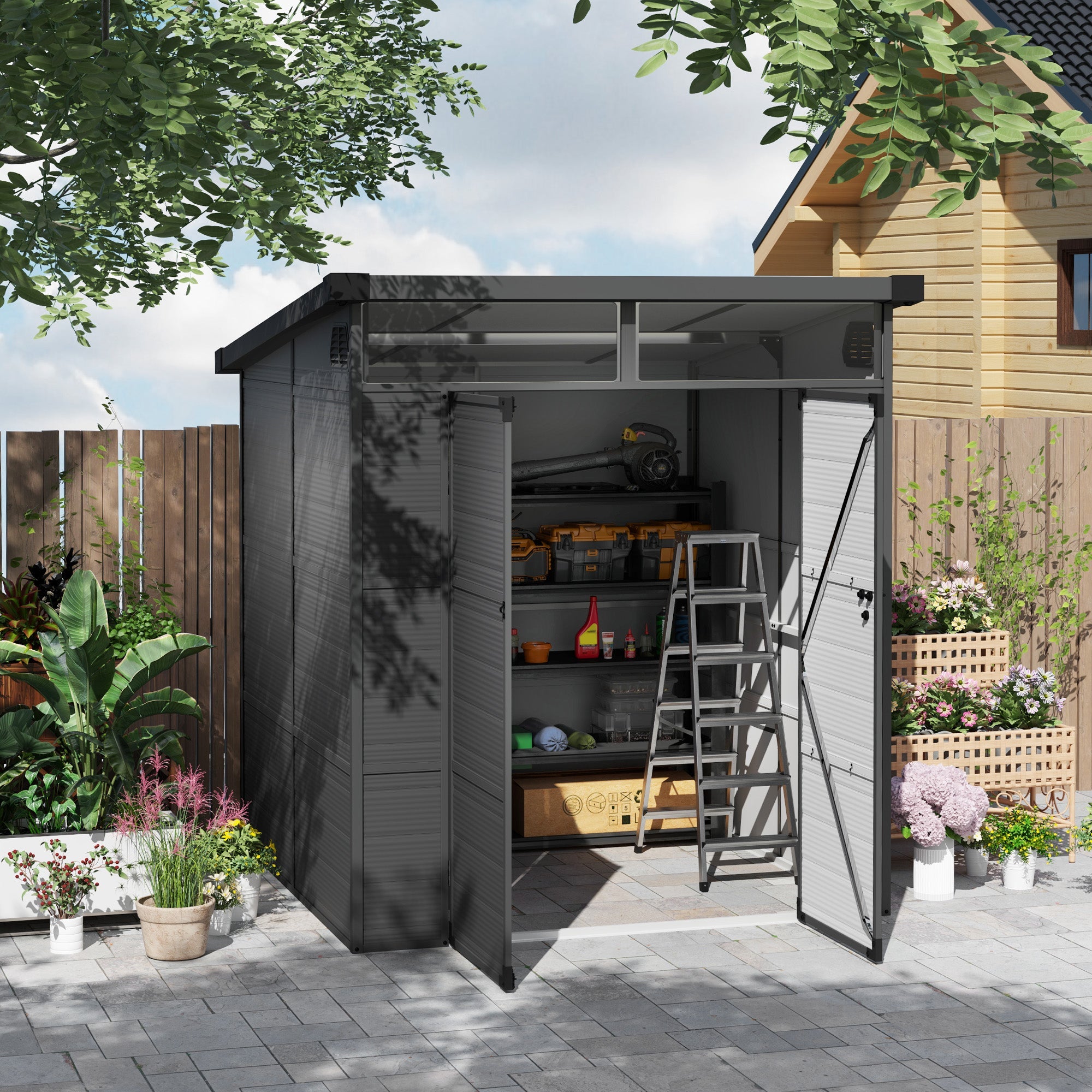 Outdoor Storage Shed 6 x 6ft with Windows and Air Vents, Dark Grey