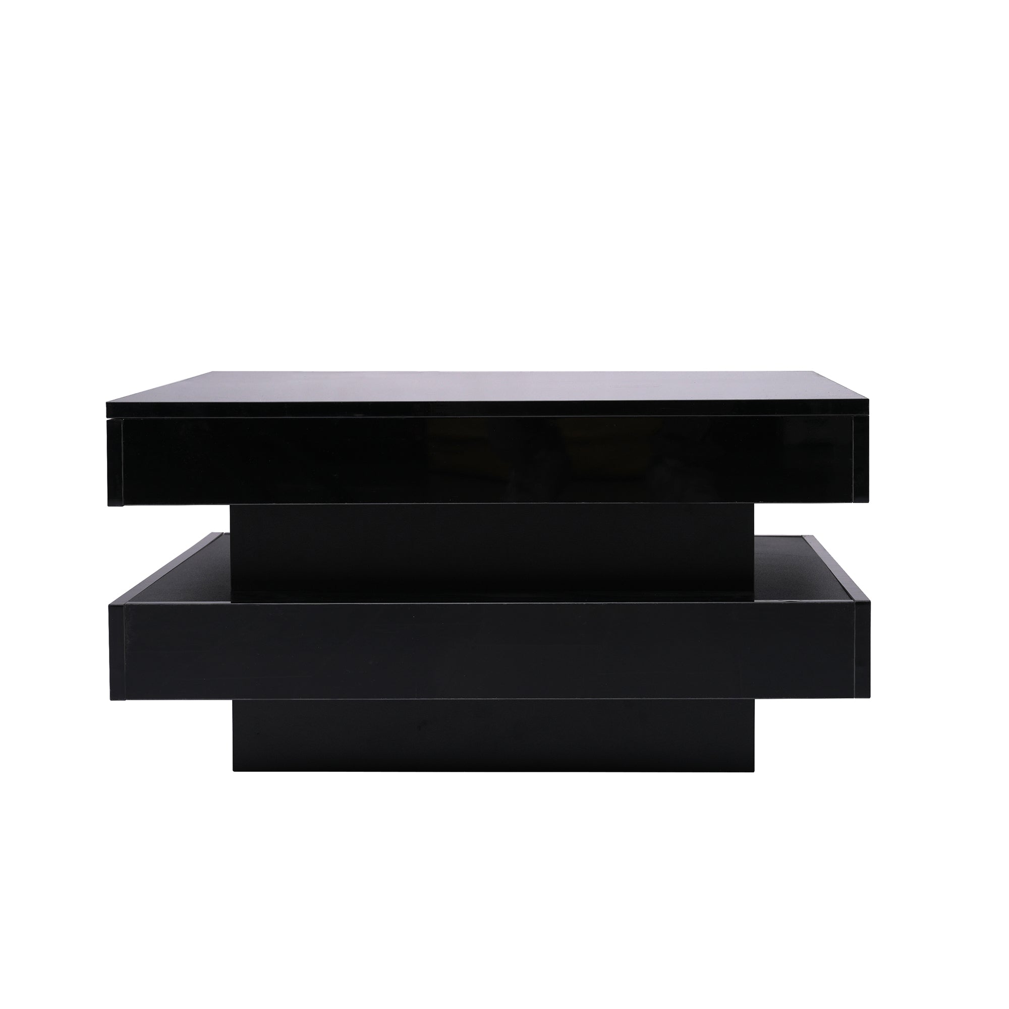 Black Square High Gloss Coffee Table with 360¡ã Rotating Top, Tea Table with 16-Color LED light, 70x70x36 cm