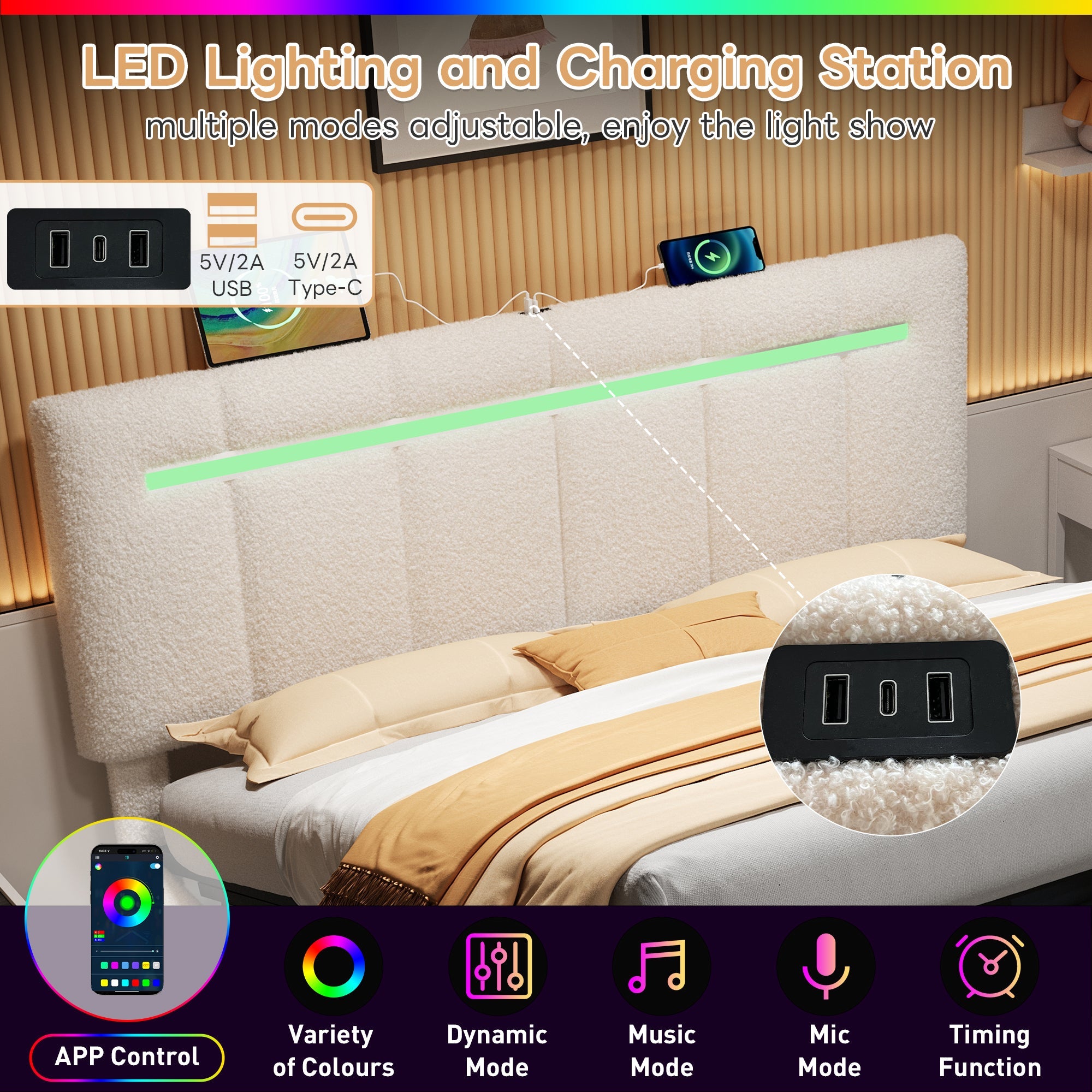 5ft King Upholstered Bed Frame with Hydraulic Storage, LED Adjustable Headboard, Boucle Fabric Beige