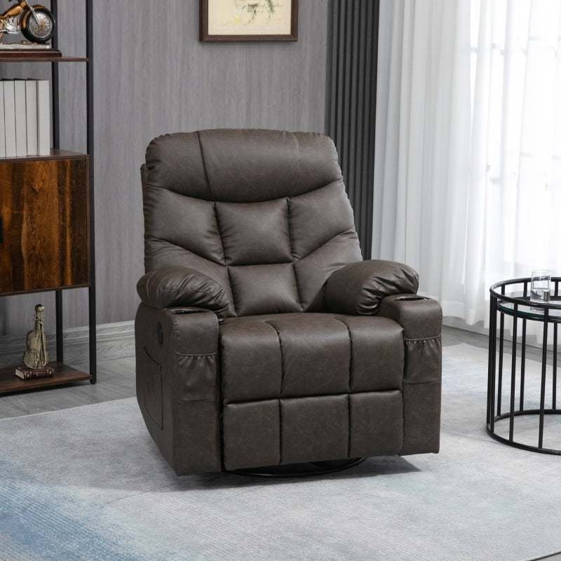 Manual Reclining Chair with Footrest, Cup Holders, Faux Leather Brown
