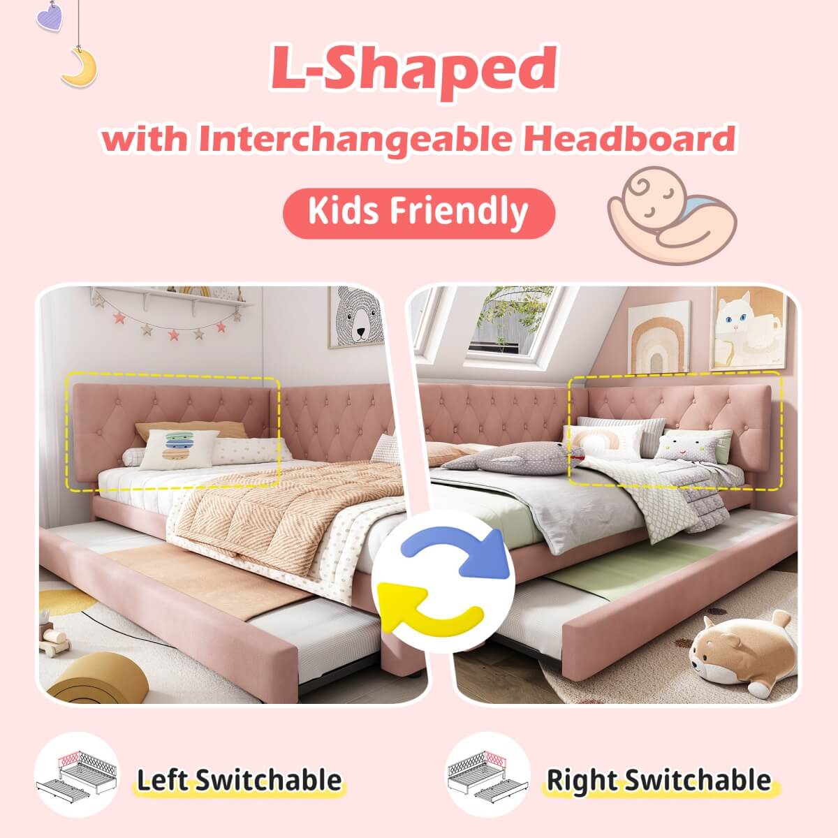 Upholstered Daybed with Pull-Out Bed – 3FT Single Sofa Bed 90x190cm, Trundle Guest Bed with Slatted Frame, Velvet