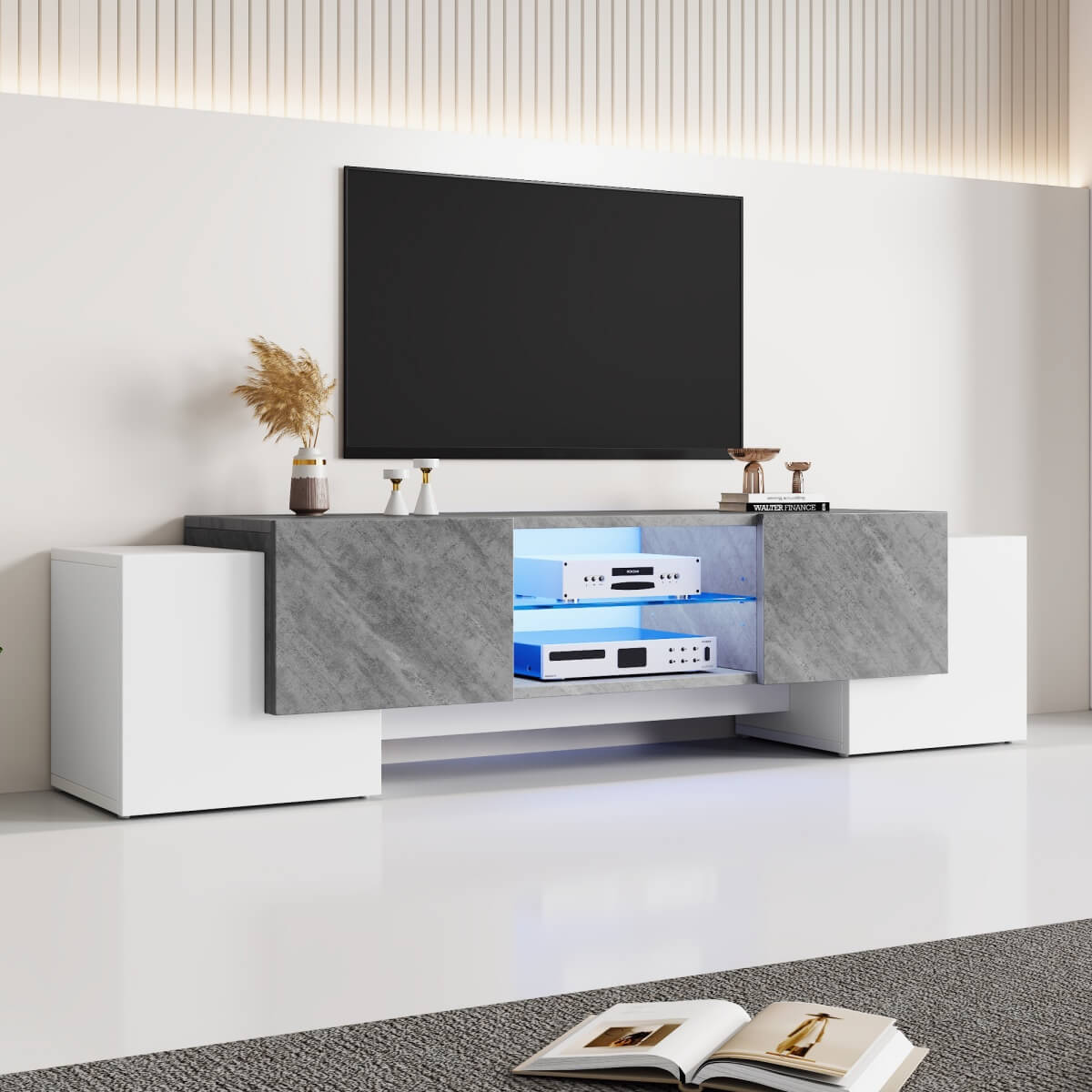 TV Stand with LED Lights – 4 Doors & 2 Open Storage Compartments, White & Grey MDF, 180x40x46.5cm, Fits Up to 80” TV