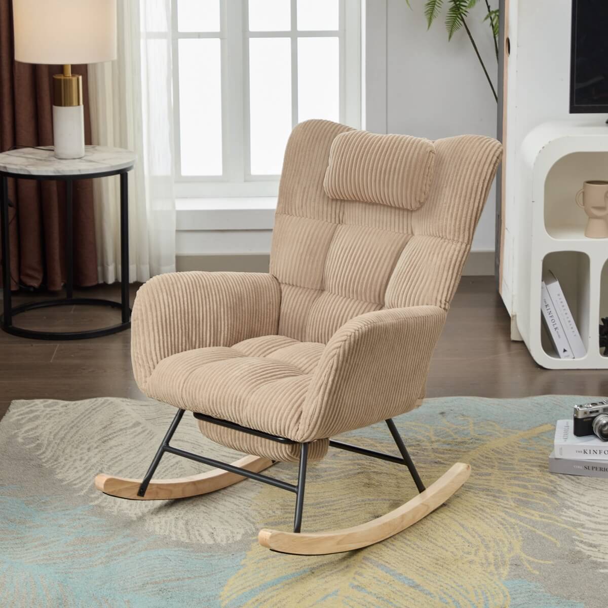 Rocking Chair with Adjustable Footrest & Headrest – Fabric Lounge Armchair with Wooden Legs, Side Pockets & High Backrest, for Nursery & Living Room