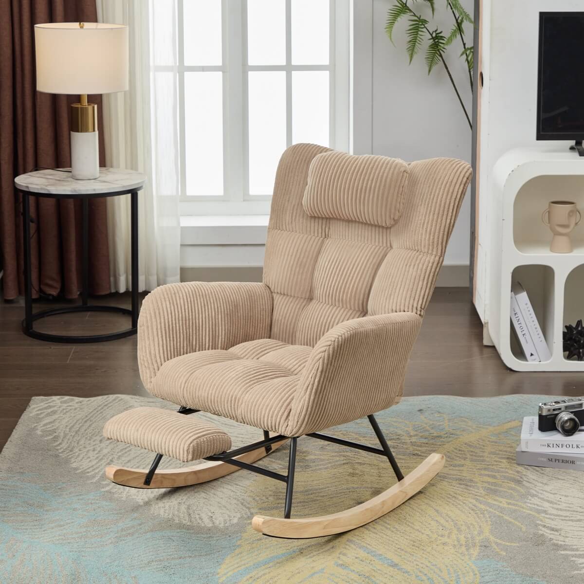 Rocking Chair with Adjustable Footrest & Headrest – Fabric Lounge Armchair with Wooden Legs, Side Pockets & High Backrest, for Nursery & Living Room