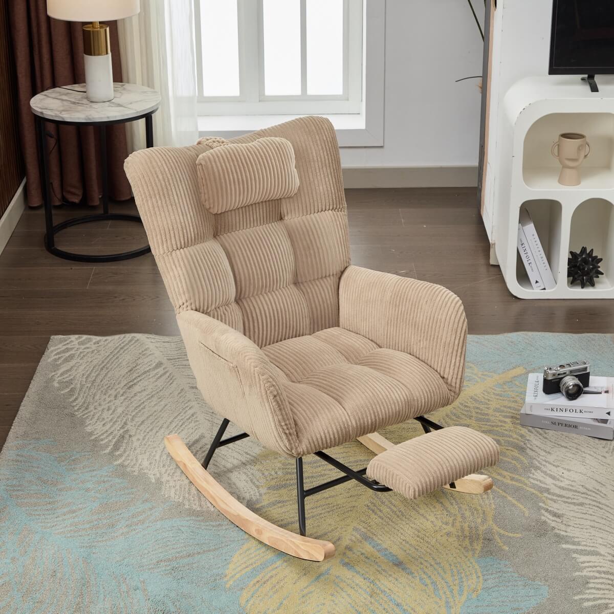 Rocking Chair with Adjustable Footrest & Headrest – Fabric Lounge Armchair with Wooden Legs, Side Pockets & High Backrest, for Nursery & Living Room