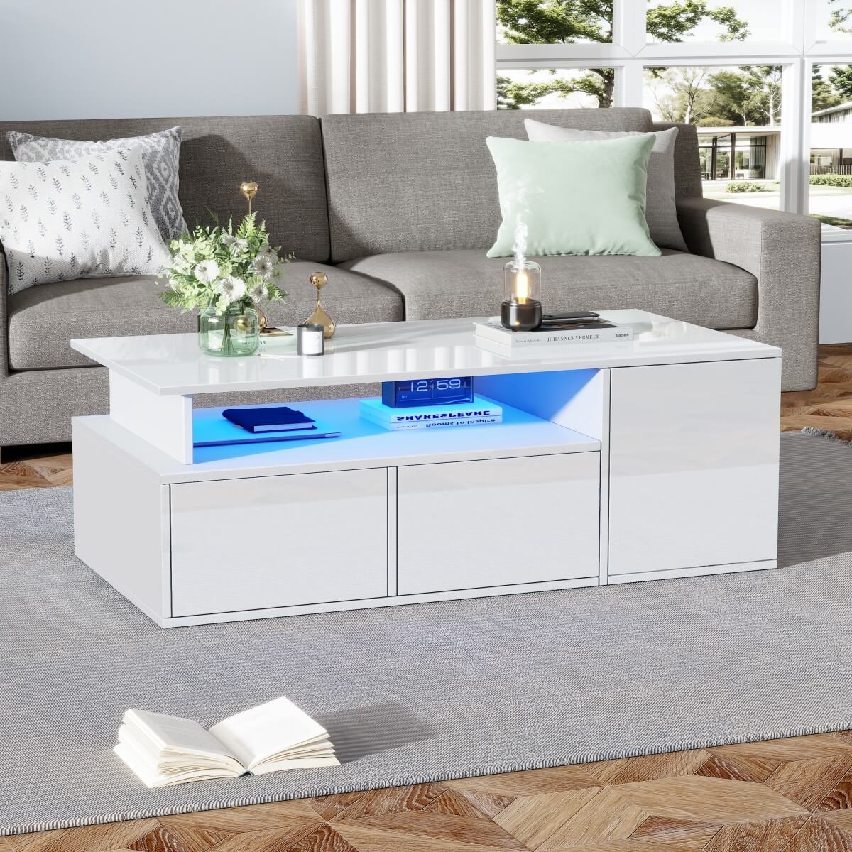 High Gloss Coffee Table with LED Lights - White Centre Table with 2 Drawers & Open Storage