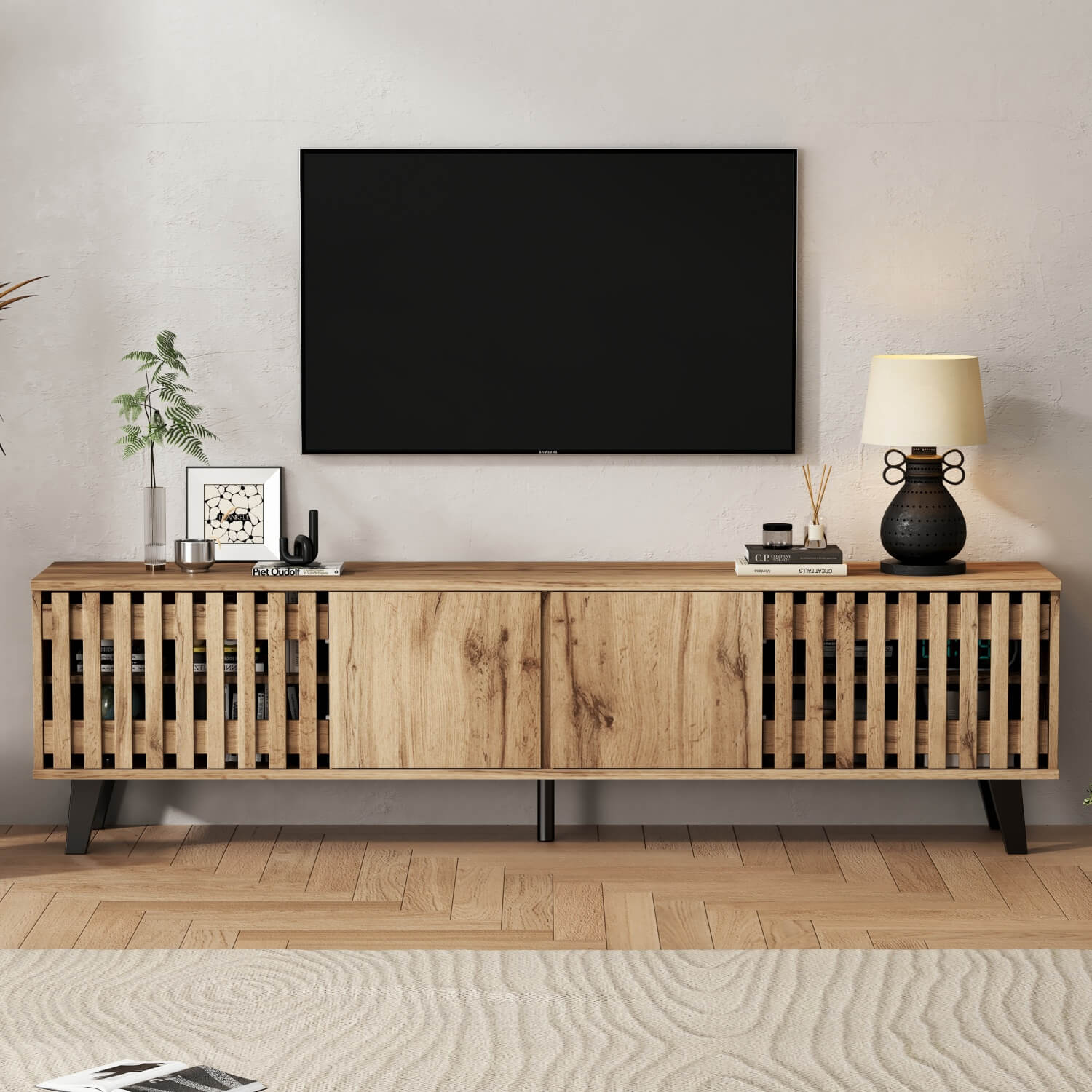 Modern Vintage TV Stand with 4 Doors – Wooden TV Cabinet Storage Sideboard for Up to 70 Inch TV