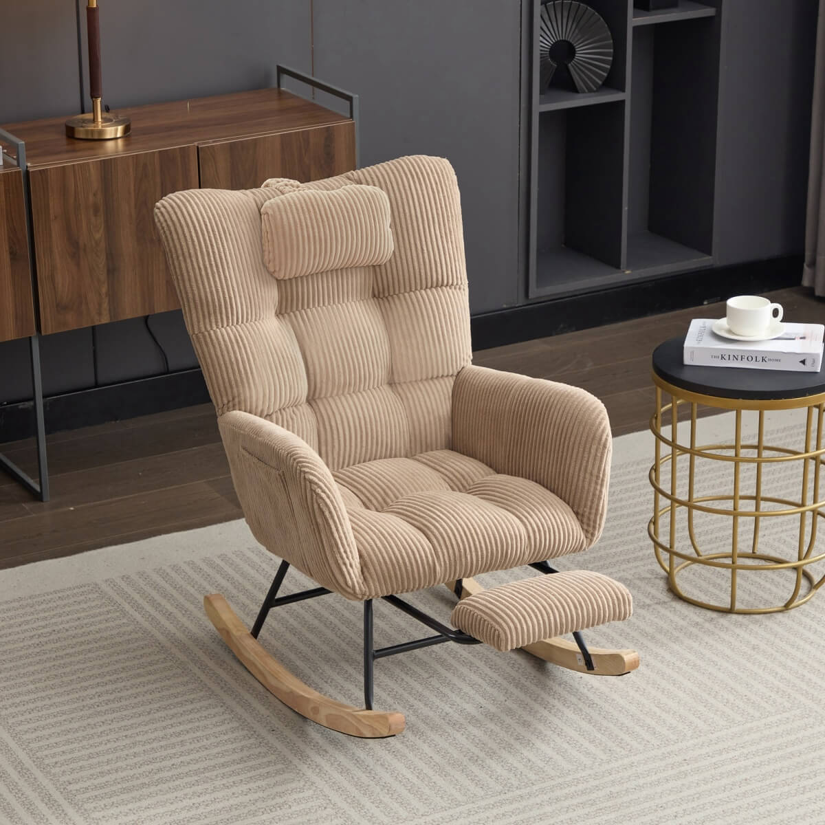 Rocking Chair with Adjustable Footrest & Headrest – Fabric Lounge Armchair with Wooden Legs, Side Pockets & High Backrest, for Nursery & Living Room