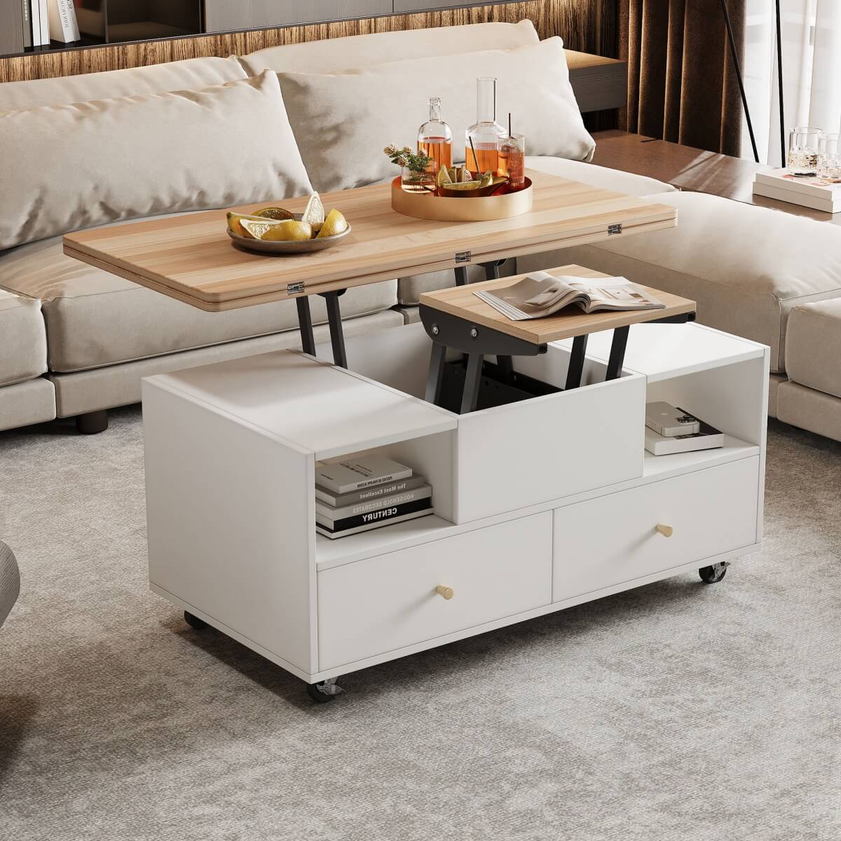 Lift-Top Coffee Table with Storage & Wheels – Extendable Dual Platform Living Room Centre Table