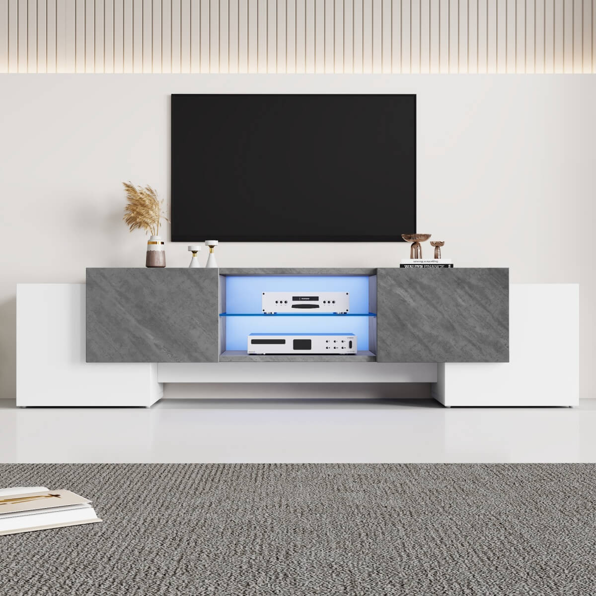 TV Stand with LED Lights – 4 Doors & 2 Open Storage Compartments, White & Grey MDF, 180x40x46.5cm, Fits Up to 80” TV