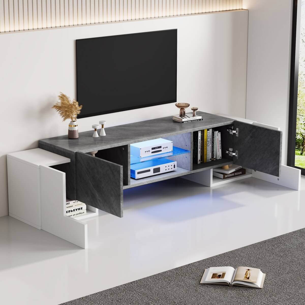 TV Stand with LED Lights – 4 Doors & 2 Open Storage Compartments, White & Grey MDF, 180x40x46.5cm, Fits Up to 80” TV